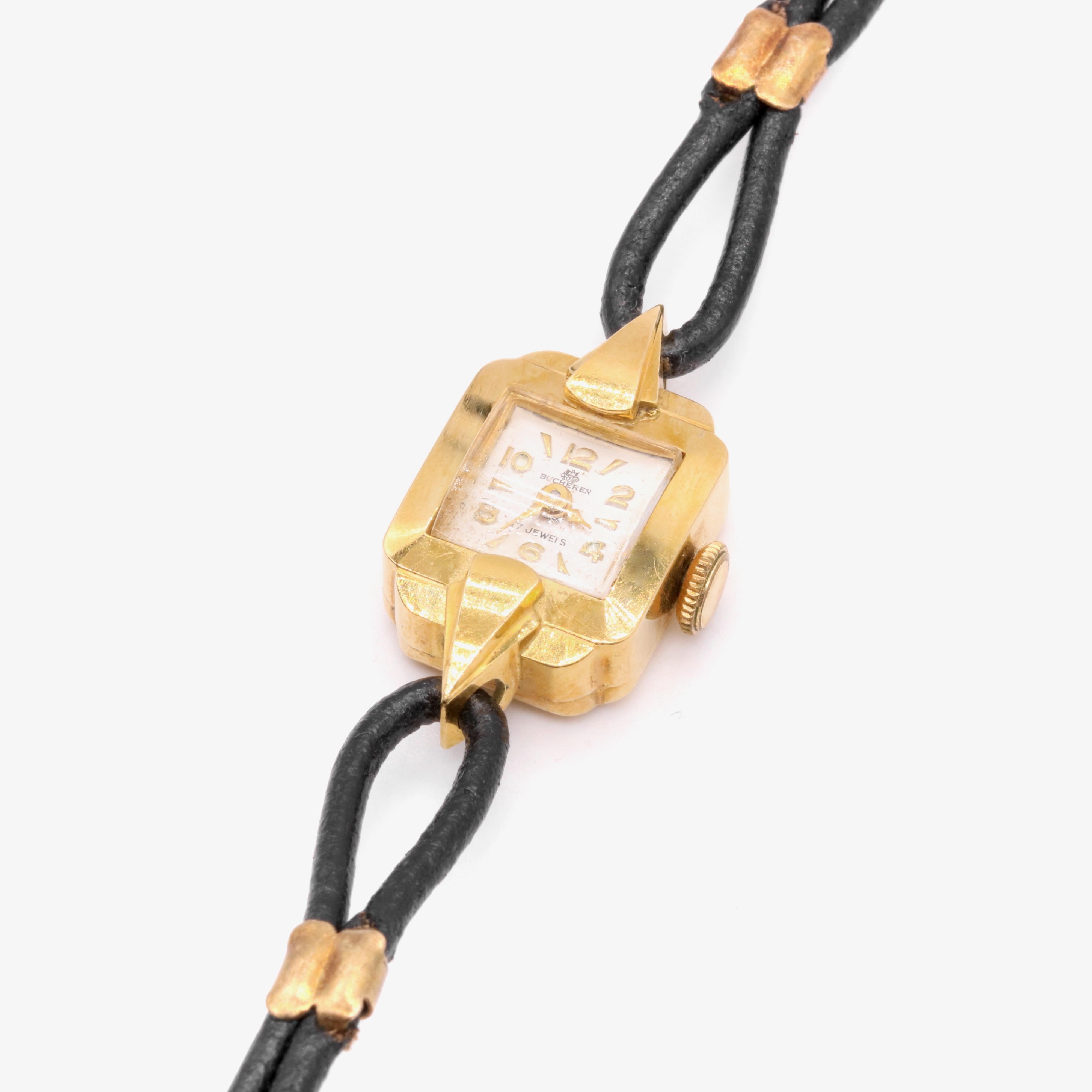 Women's or Men's Vintage 18K Yellow Gold Square Bucherer Swiss Watch with White Face