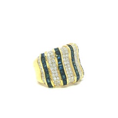 Vintage 18k Yellow Gold Square Sapphire & Pave Round Diamond Wide Band Ring