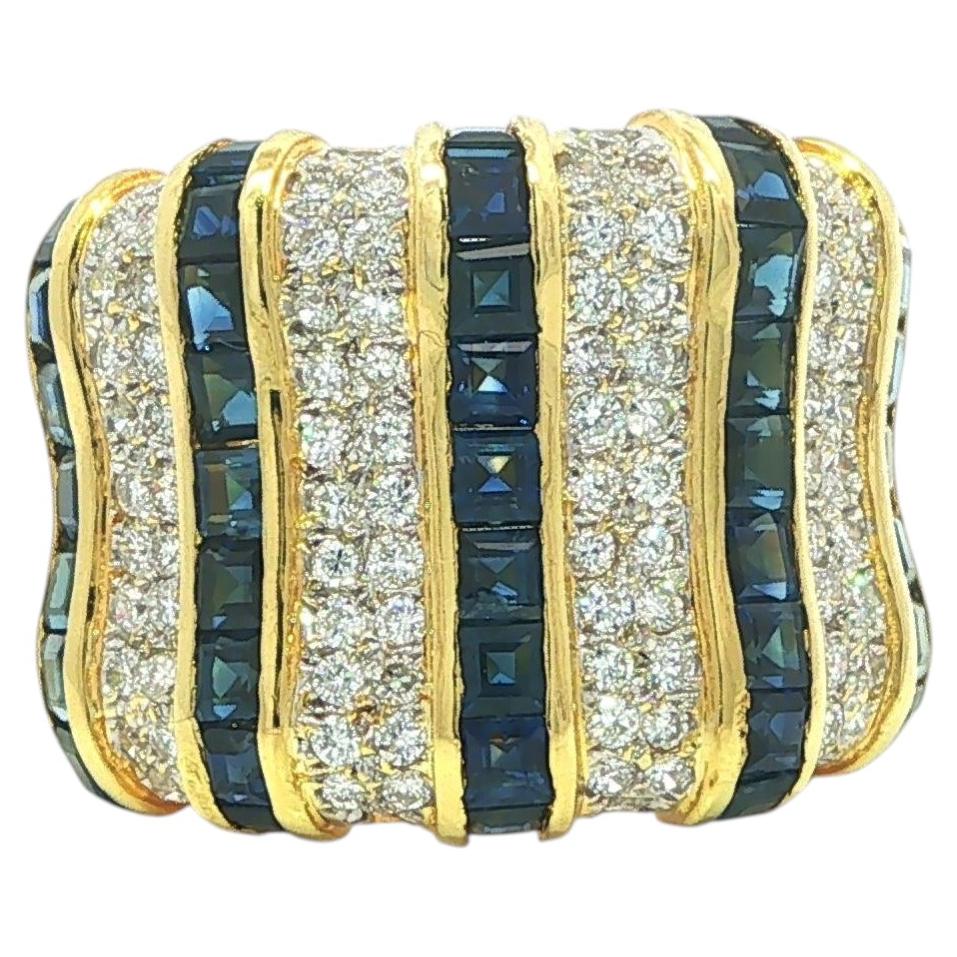 Vintage 18k Yellow Gold Square Sapphire & Pave Round Diamond Wide Band Ring