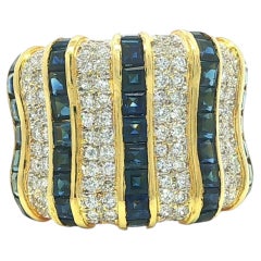 Vintage 18k Yellow Gold Square Sapphire & Pave Round Diamond Wide Band Ring