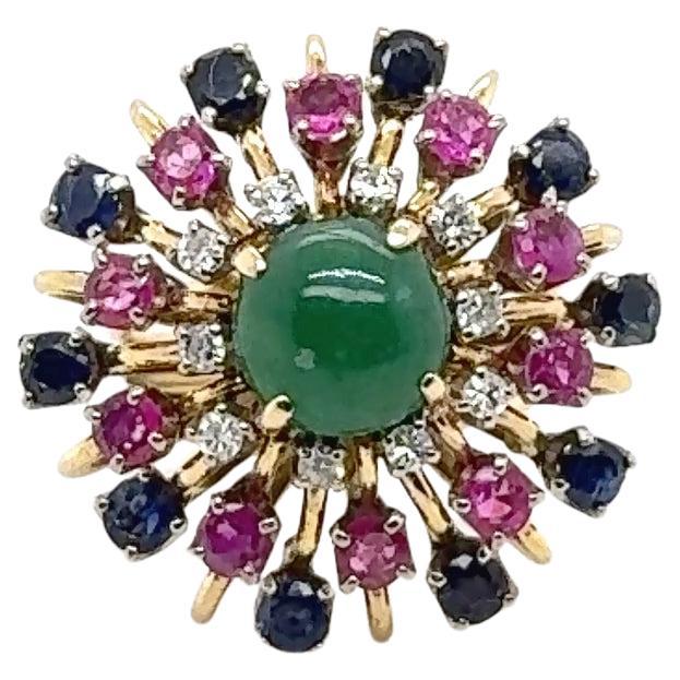 Vintage 18K Gelbgold Sunburst Ring - 1ct Cabochon Smaragd, Rubin & Saphir Ac