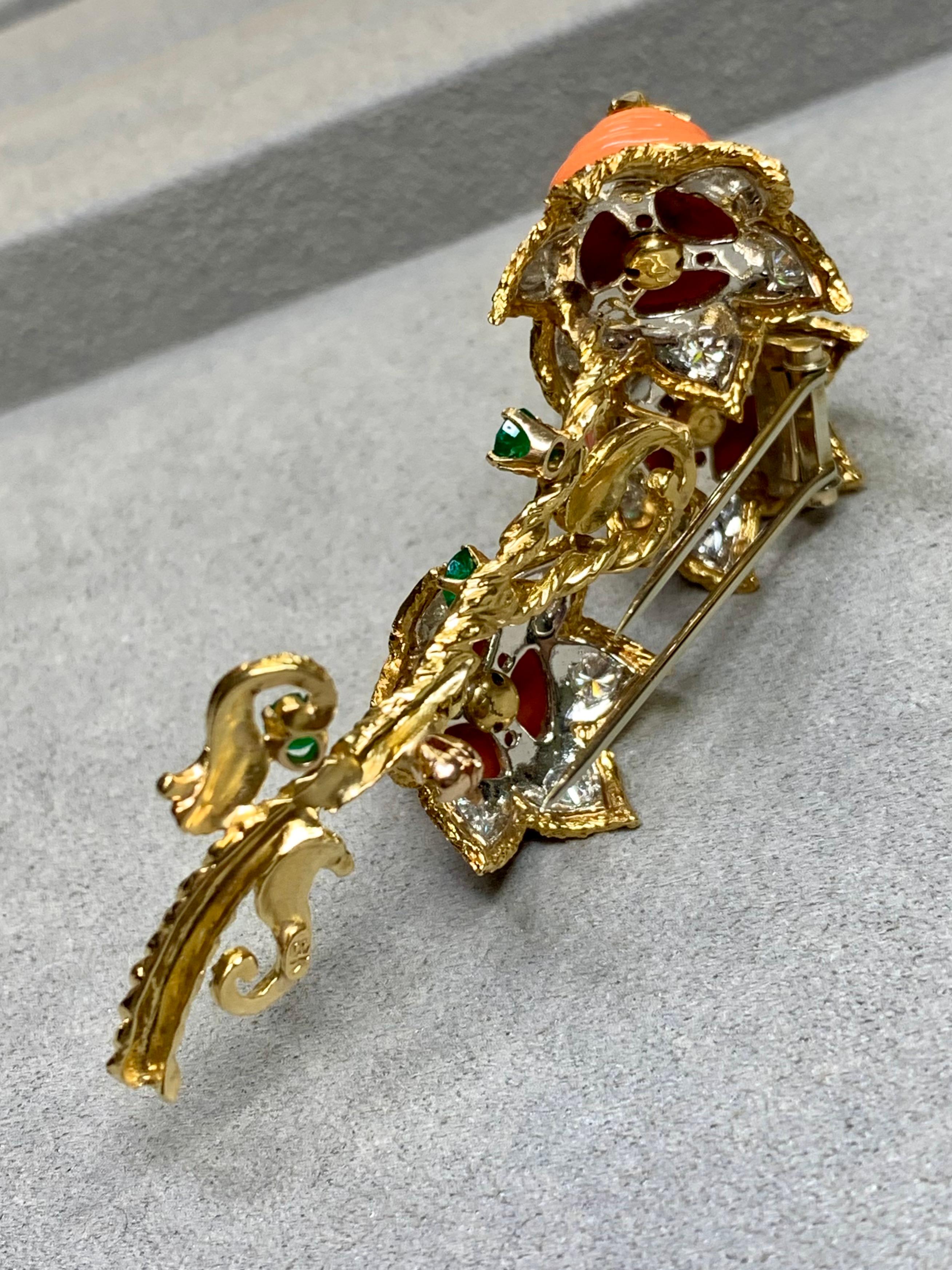 Retro Vintage 18K Yellow Gold Swirl Carved Coral Diamond Emerald 1960’s Brooch For Sale