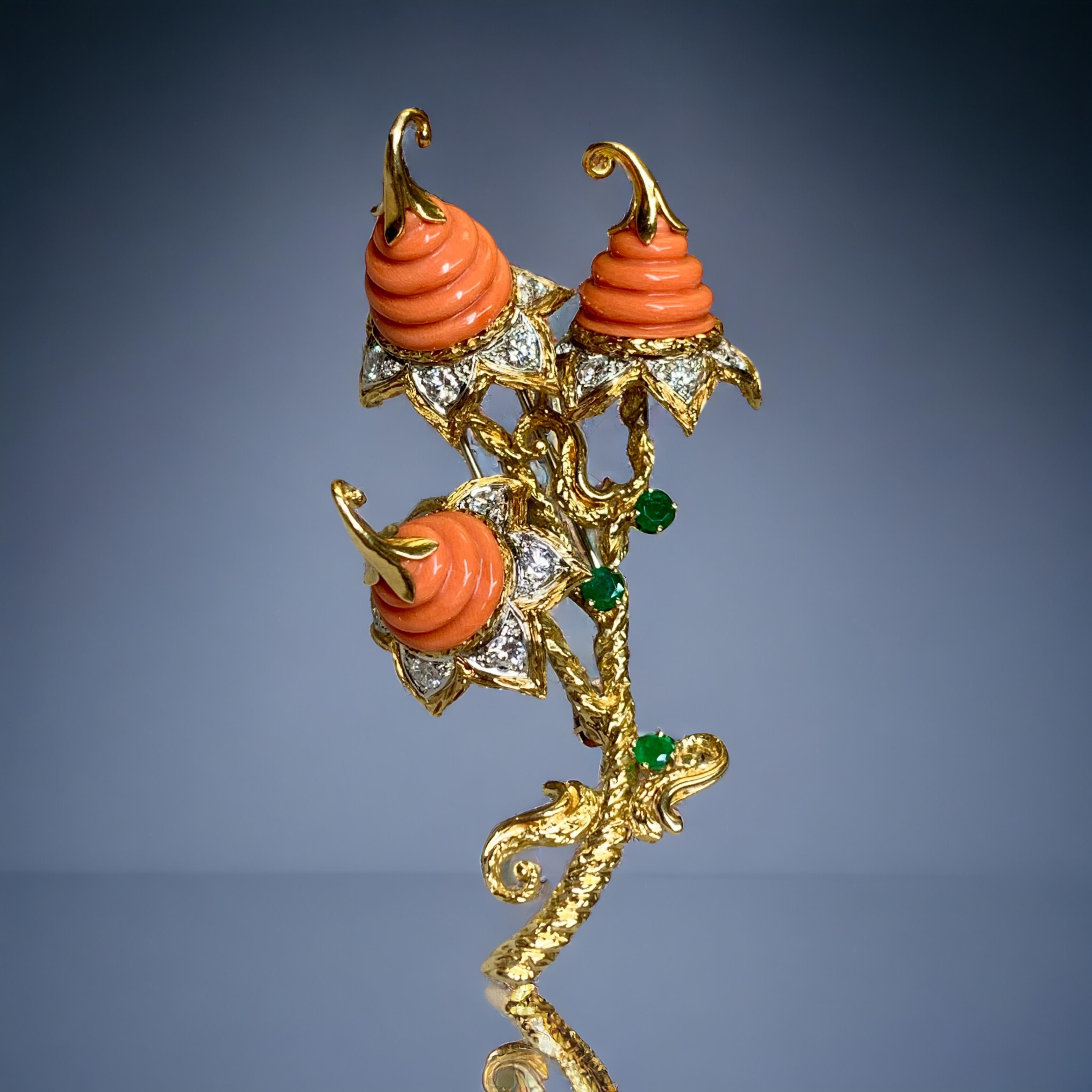 Vintage 18K Yellow Gold Swirl Carved Coral Diamond Emerald 1960’s Brooch For Sale 1