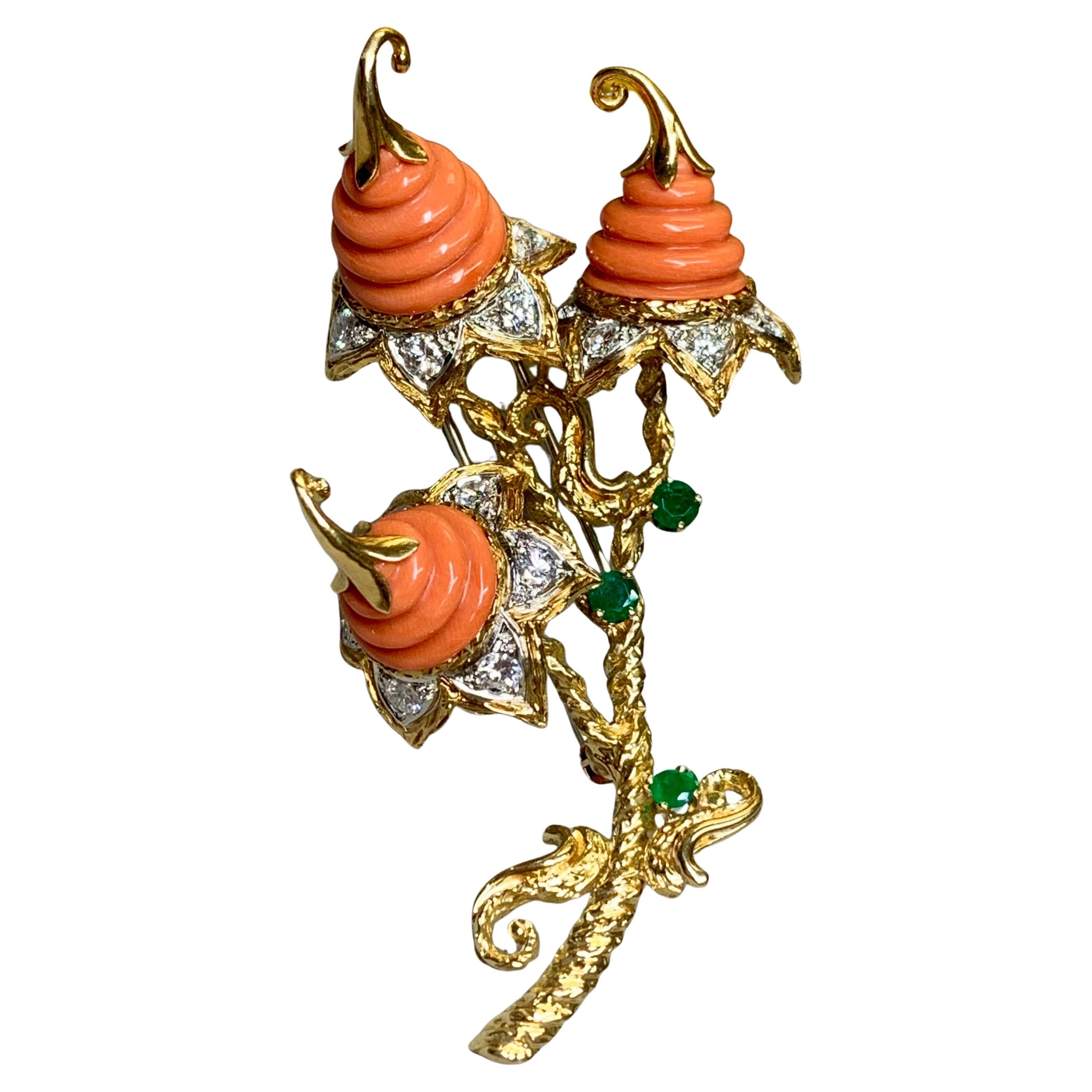 Vintage 18K Yellow Gold Swirl Carved Coral Diamond Emerald 1960’s Brooch