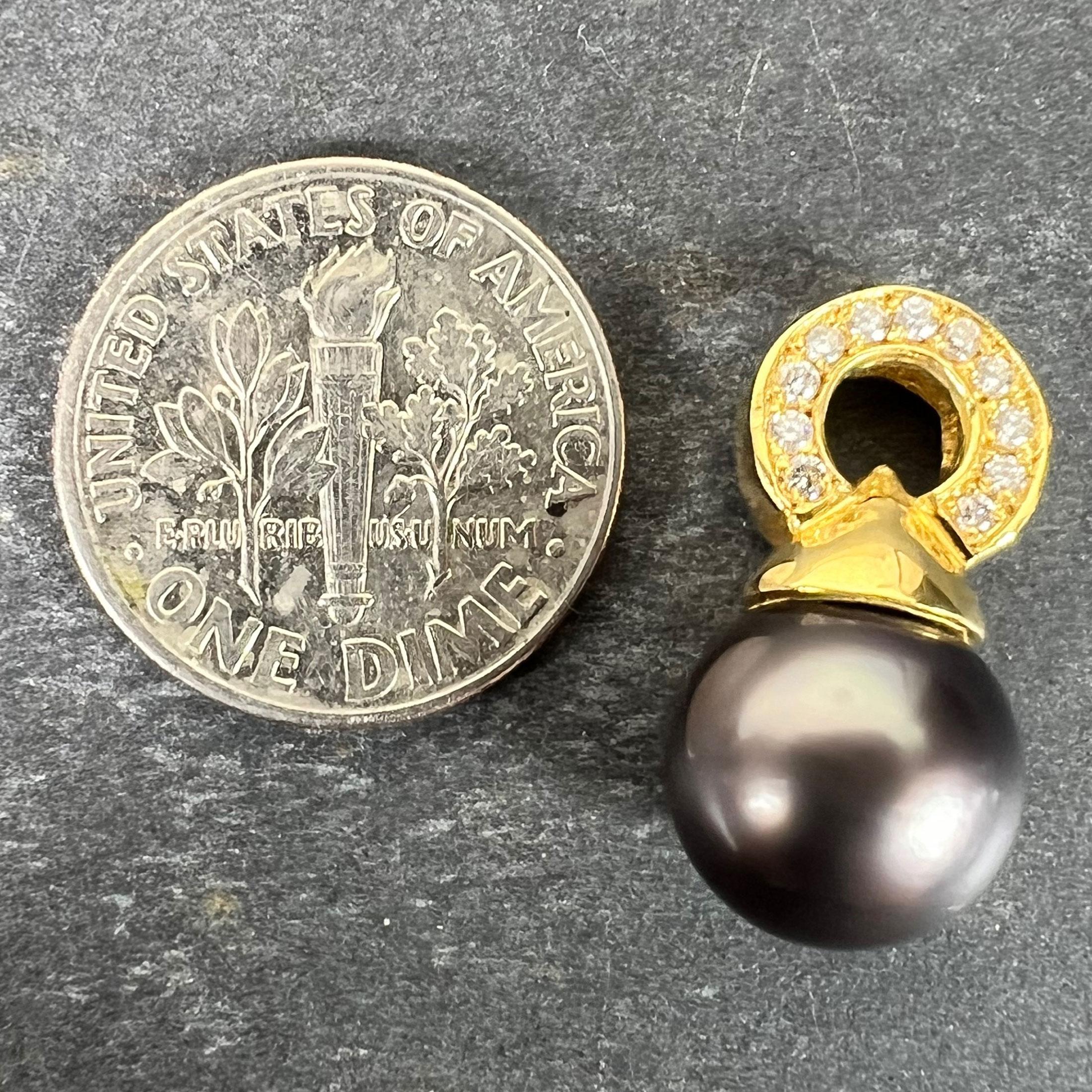 Pendentif vintage en or jaune 18 carats avec perle noire de Tahiti et diamants en vente 5