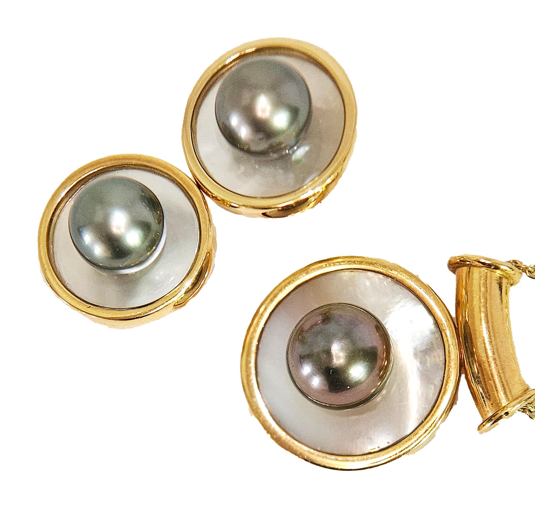 Vintage Or Jaune 18K Tahitien & Nacre Pendentif Slide en vente 10