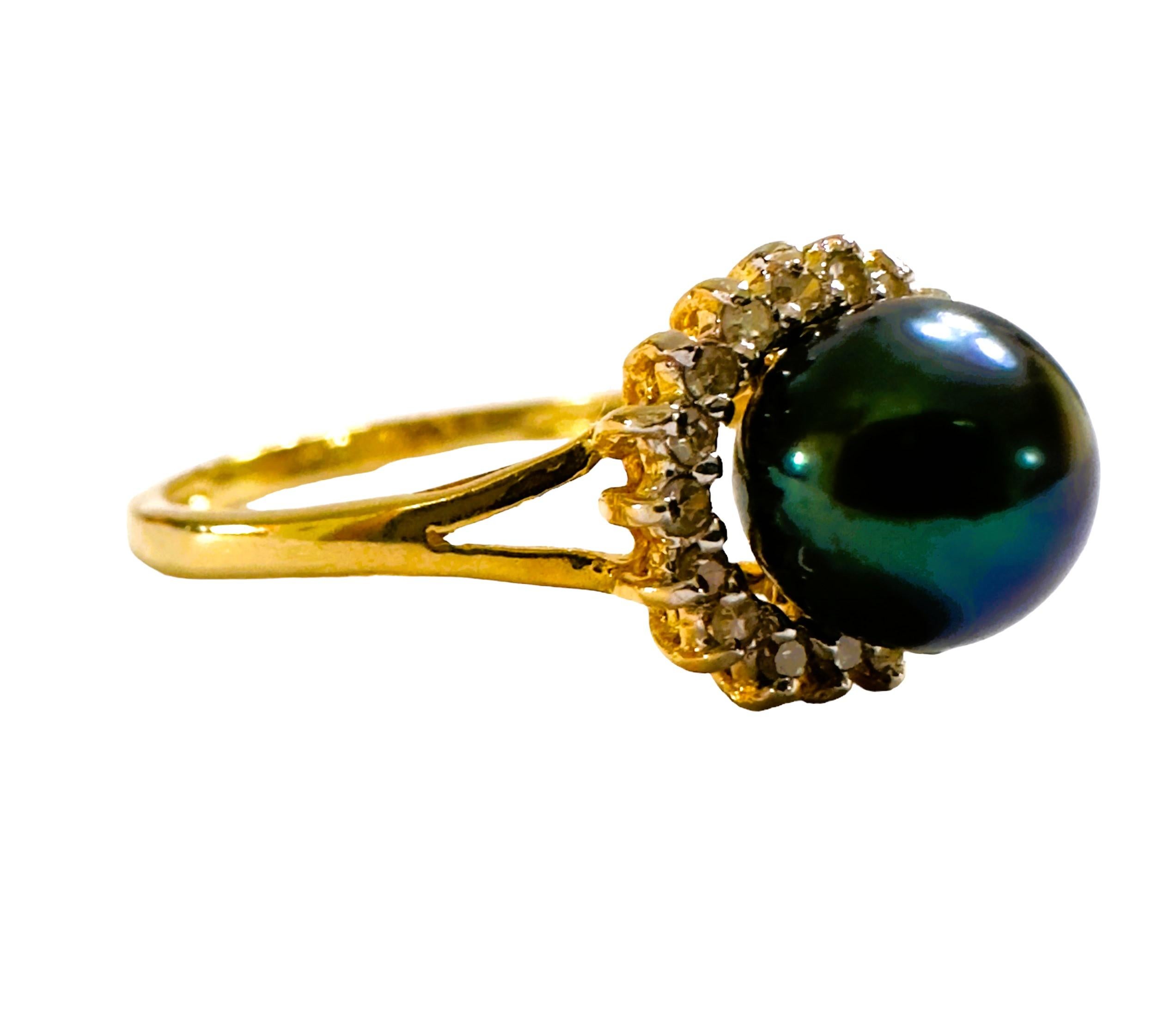 18 Karat Gelbgold Tahiti-Perlen- und Diamantring Damen