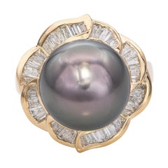 Vintage 18k Yellow Gold Tahitian Pearl and Diamond Statement Ring