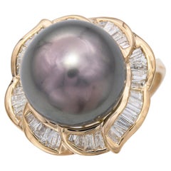 Vintage 18k Yellow Gold Tahitian Pearl and Diamond Statement Ring