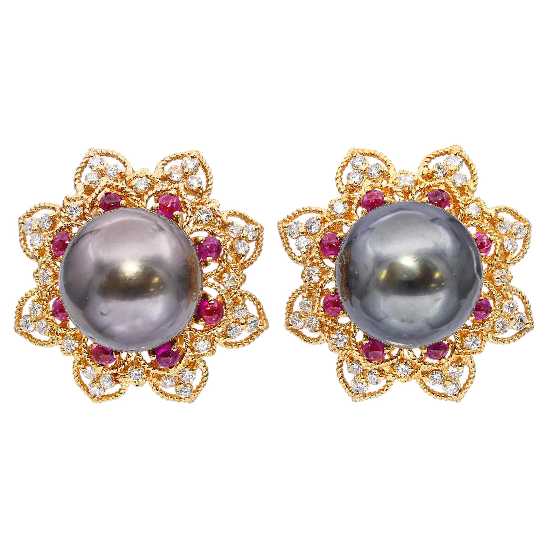 Vintage 18k Yellow Gold Tahitian Pearl Diamond and Ruby Earrings