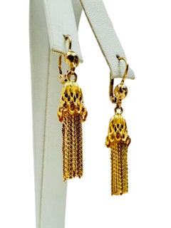 Vintage 18K Yellow Gold Tassel Drop Earrings with Chain Fringe