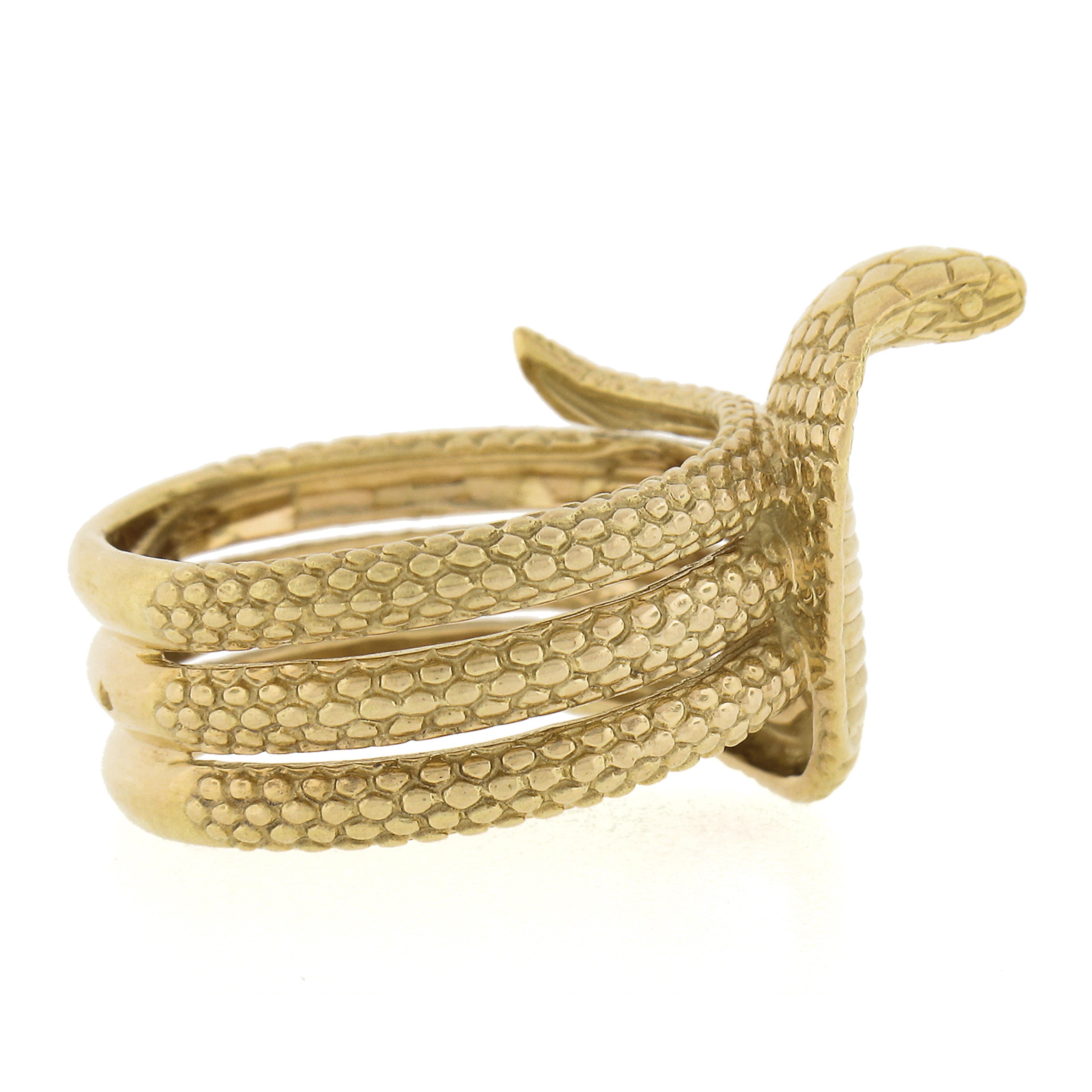 Women's or Men's Vintage 18k Yellow Gold Textured Detailed Coiled Cobra Snake Wrap Wide Band Ring For Sale