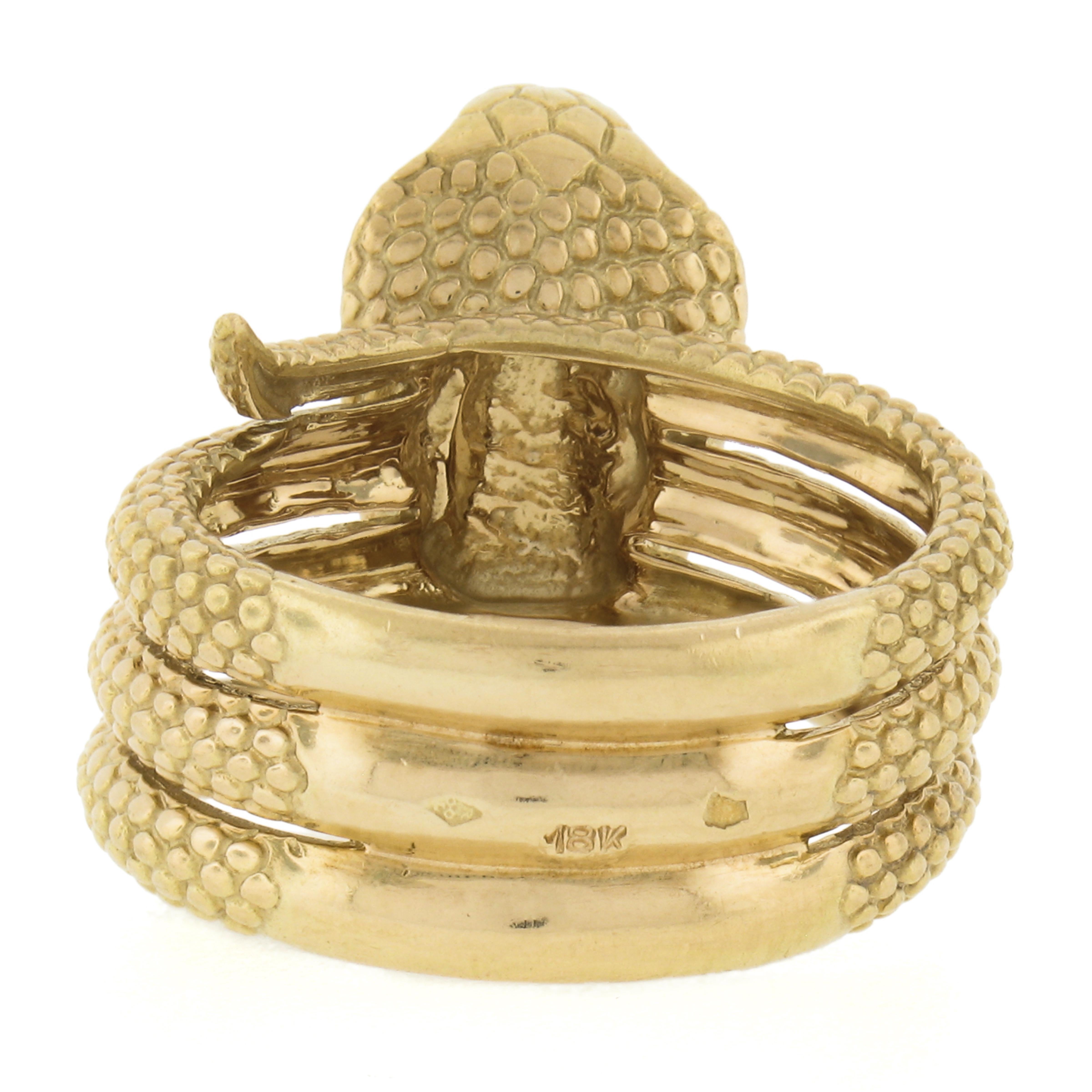 Vintage 18k Yellow Gold Textured Detailed Coiled Cobra Snake Wrap Wide Band Ring For Sale 2