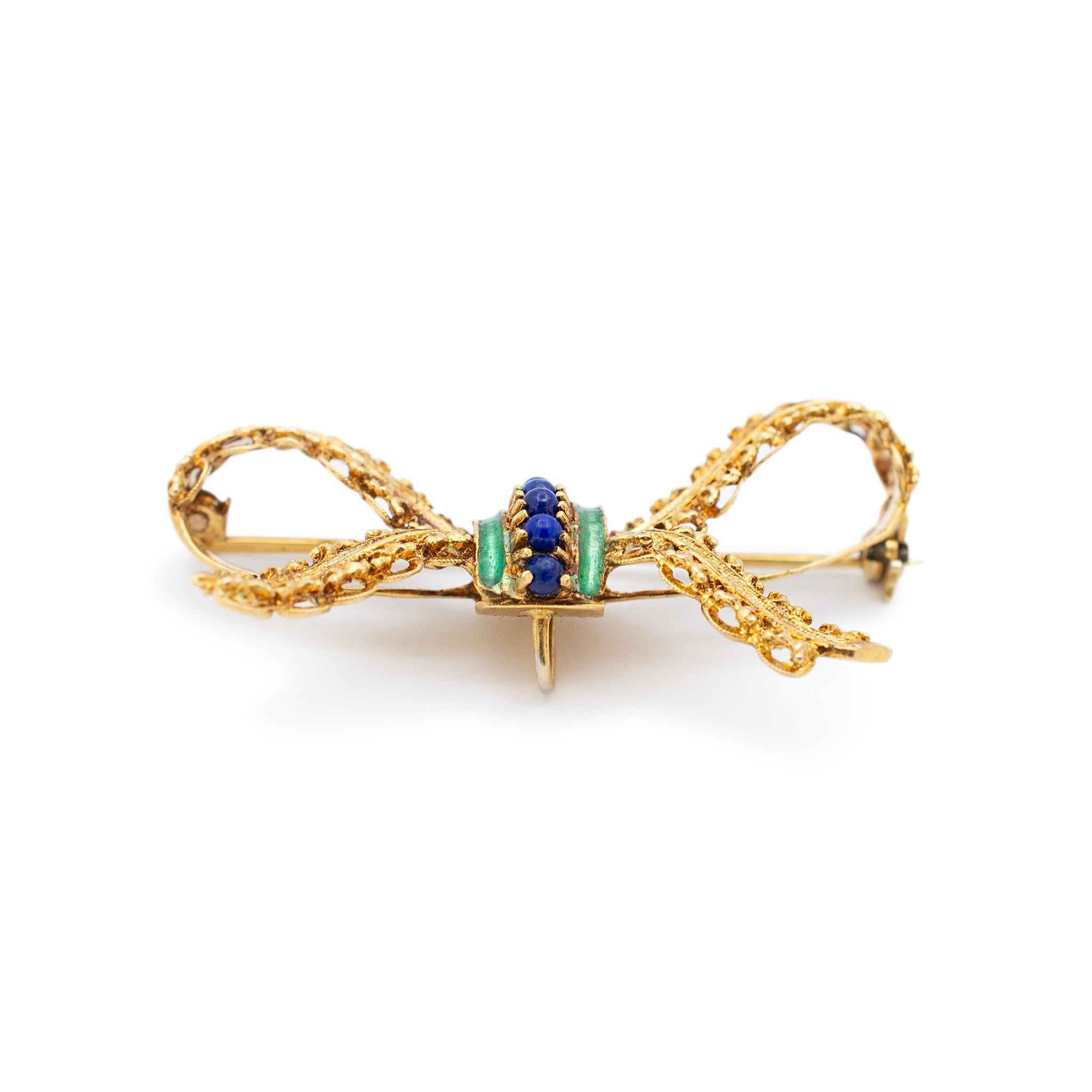 Round Cut Vintage 18K Yellow Gold Textured Green Enamel Lapis Lazuli Bow Brooch For Sale
