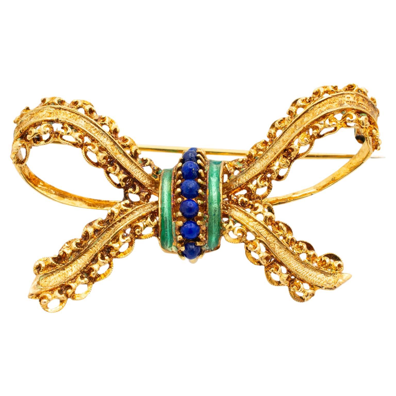 Vintage 18K Yellow Gold Textured Green Enamel Lapis Lazuli Bow Brooch For Sale
