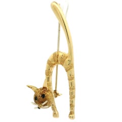 Vintage 18k Yellow Gold Textured & Polished Arched Whimsical Cat Pin Brooch