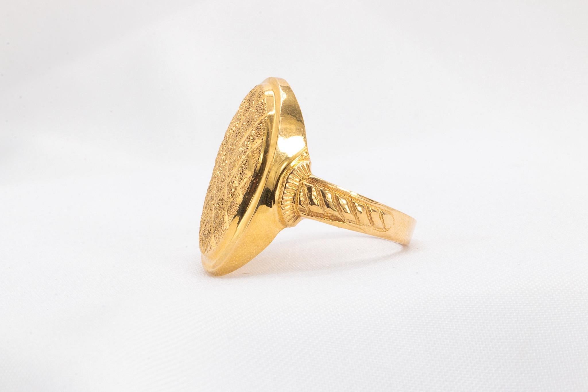 This beautiful vintage pre-owned textured ring by ZRW is crafted in luxurious 18K yellow gold. The ring features an elegant oval-shaped face with intricate engraved texture, adding a distinctive and timeless appeal. Currently sized at 7.25, with the