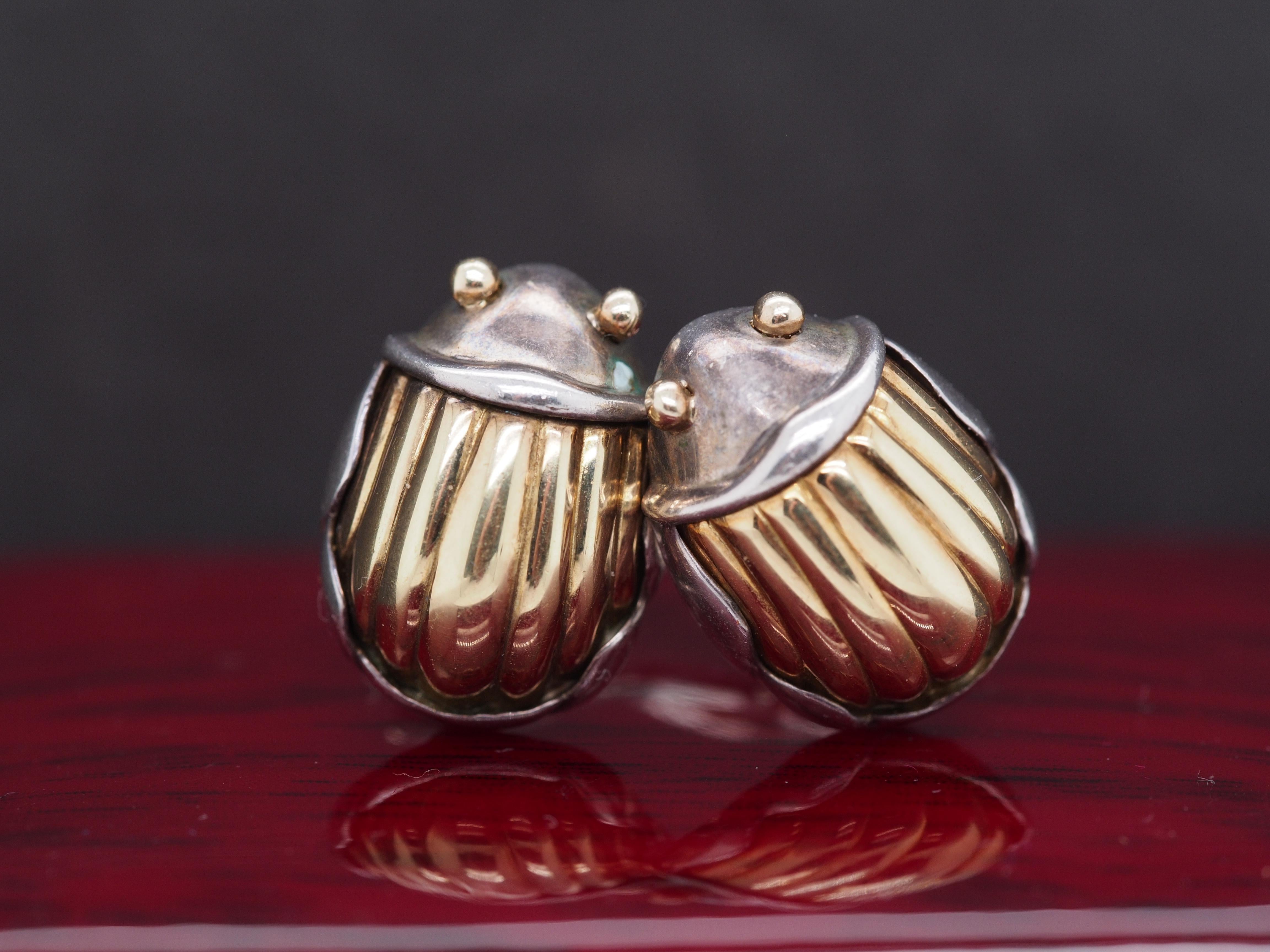 Vintage 18K Yellow Gold Tiffany and Co. and Sterling Silver Scarab Earrings In Good Condition For Sale In Atlanta, GA