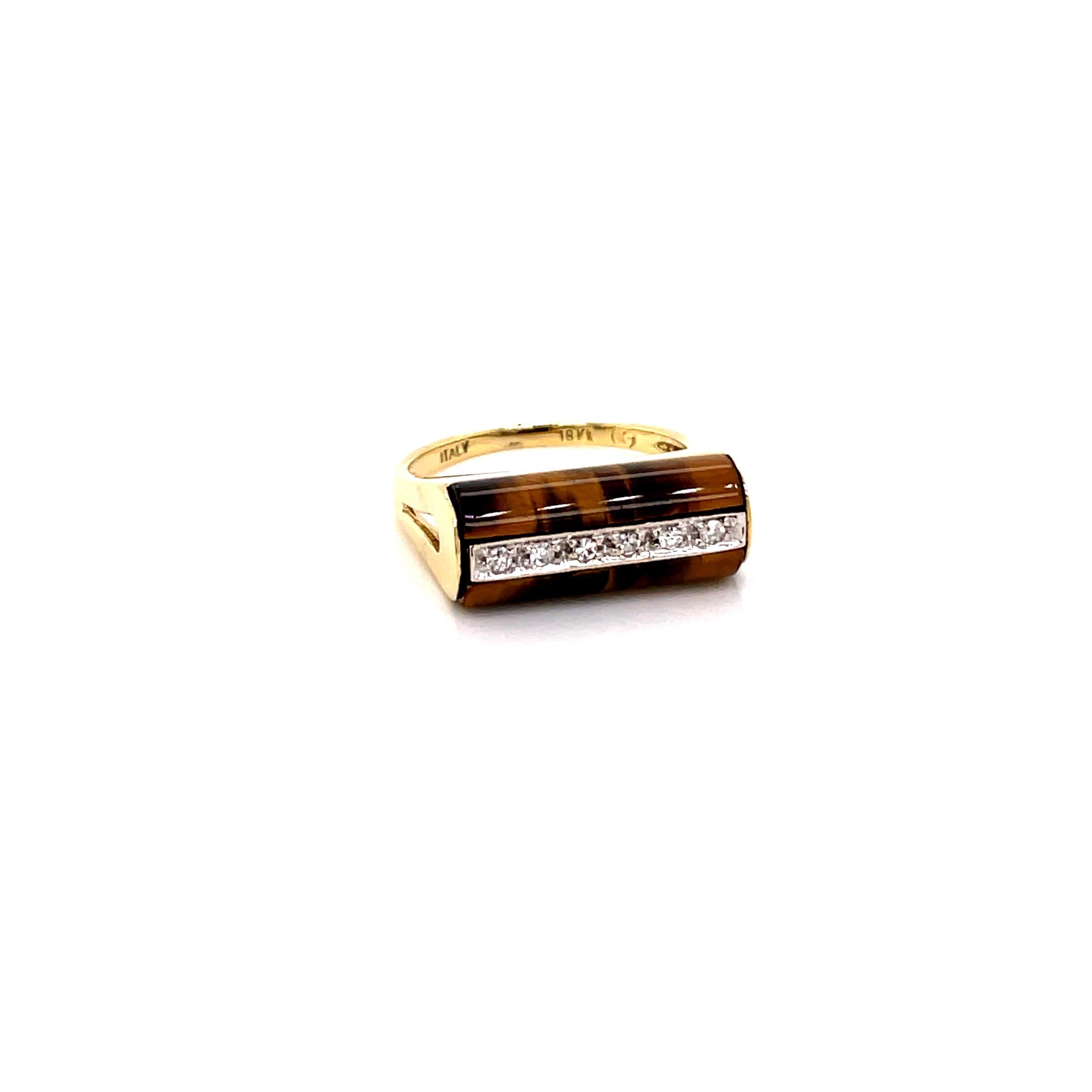 Vintage 18K Yellow Gold Tiger’s Eye and Diamond Ring - The ring is set with 6 single cut diamonds weighing approximately .06ct with H color and VS clarity. The top of the ring measures 17mm by 7mm, and the height off the finger is 5.3mm. The ring is