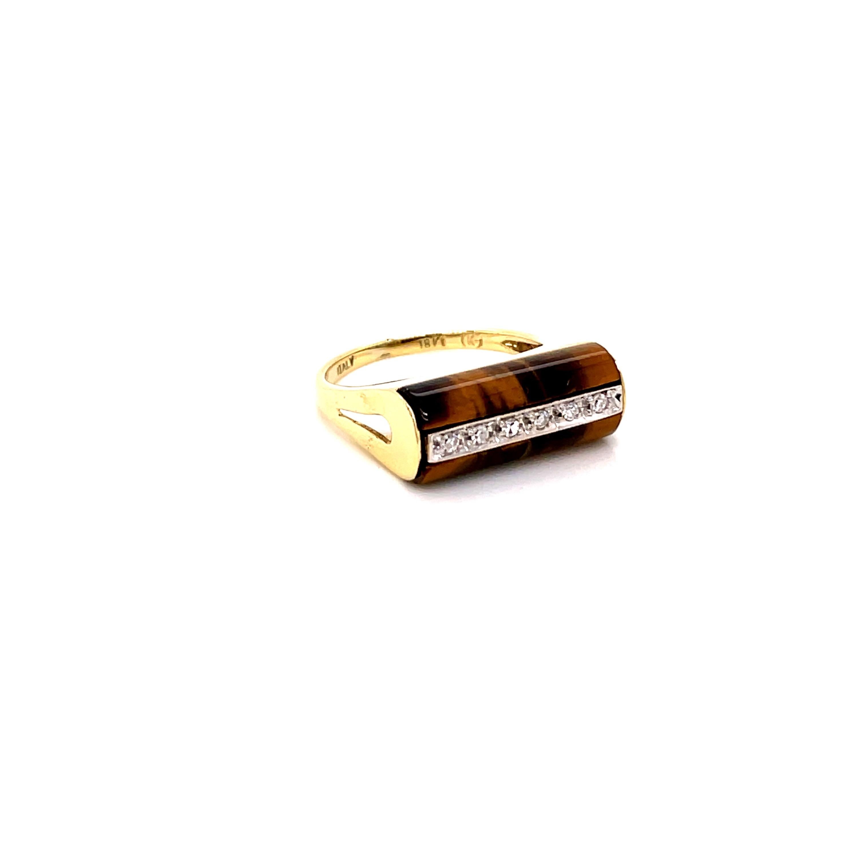 Contemporary Vintage 18K Yellow Gold Tiger’s Eye and Diamond Ring