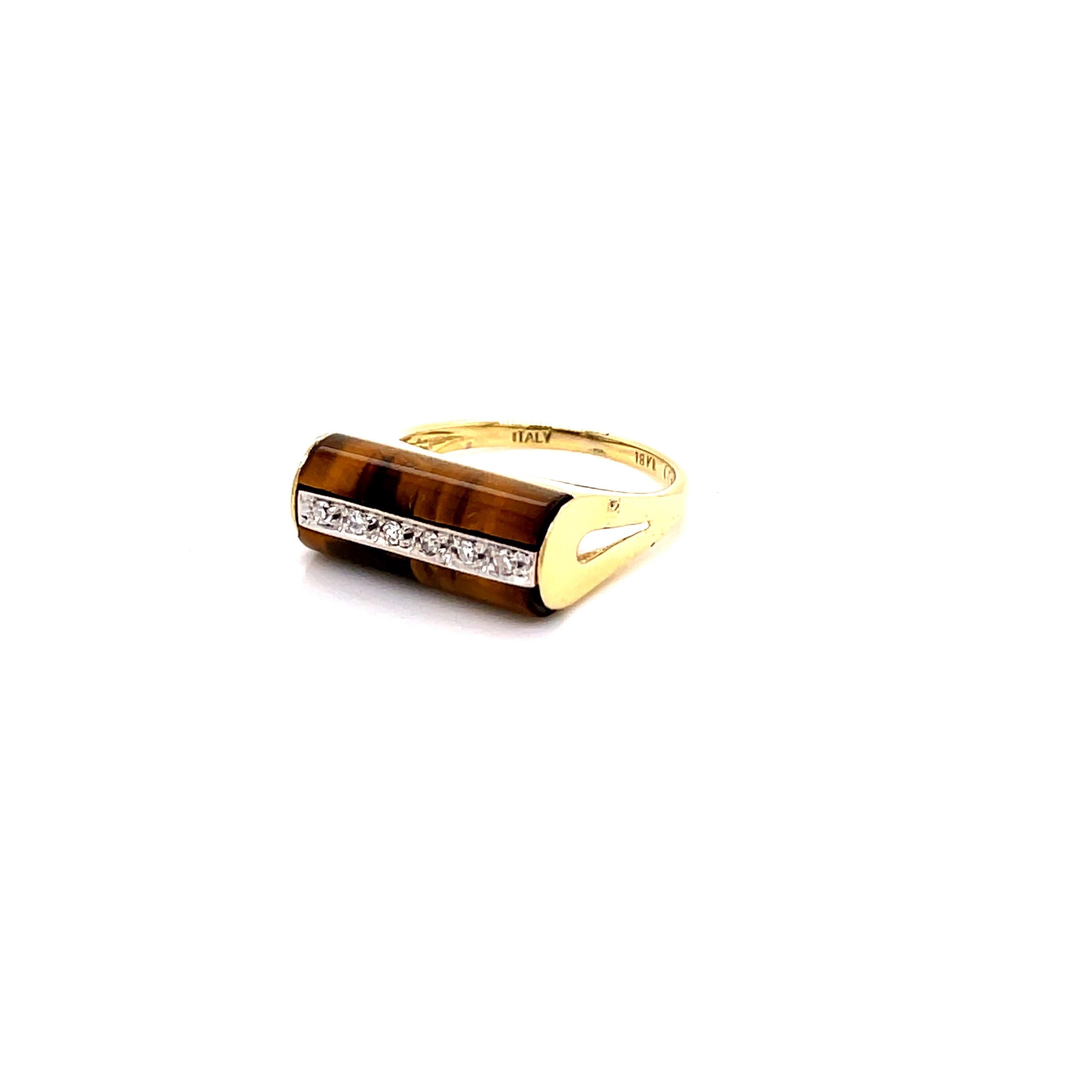 Vintage 18K Yellow Gold Tiger’s Eye and Diamond Ring In Good Condition In Boston, MA