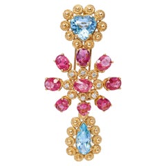 Vintage 18k Yellow Gold Topaz Tourmaline & Diamond Brooch