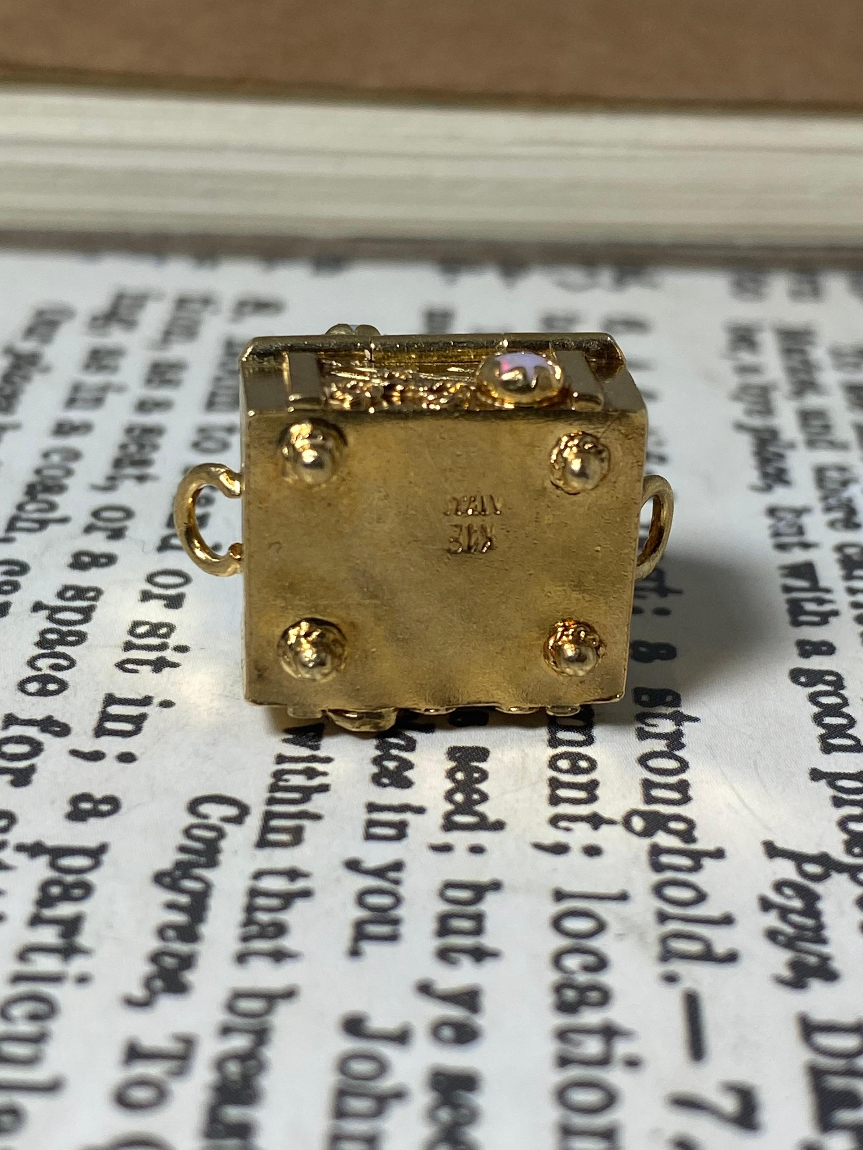 Retro Vintage 18K Yellow Gold Treasure Chest Italian Charm with Pearls & Opals