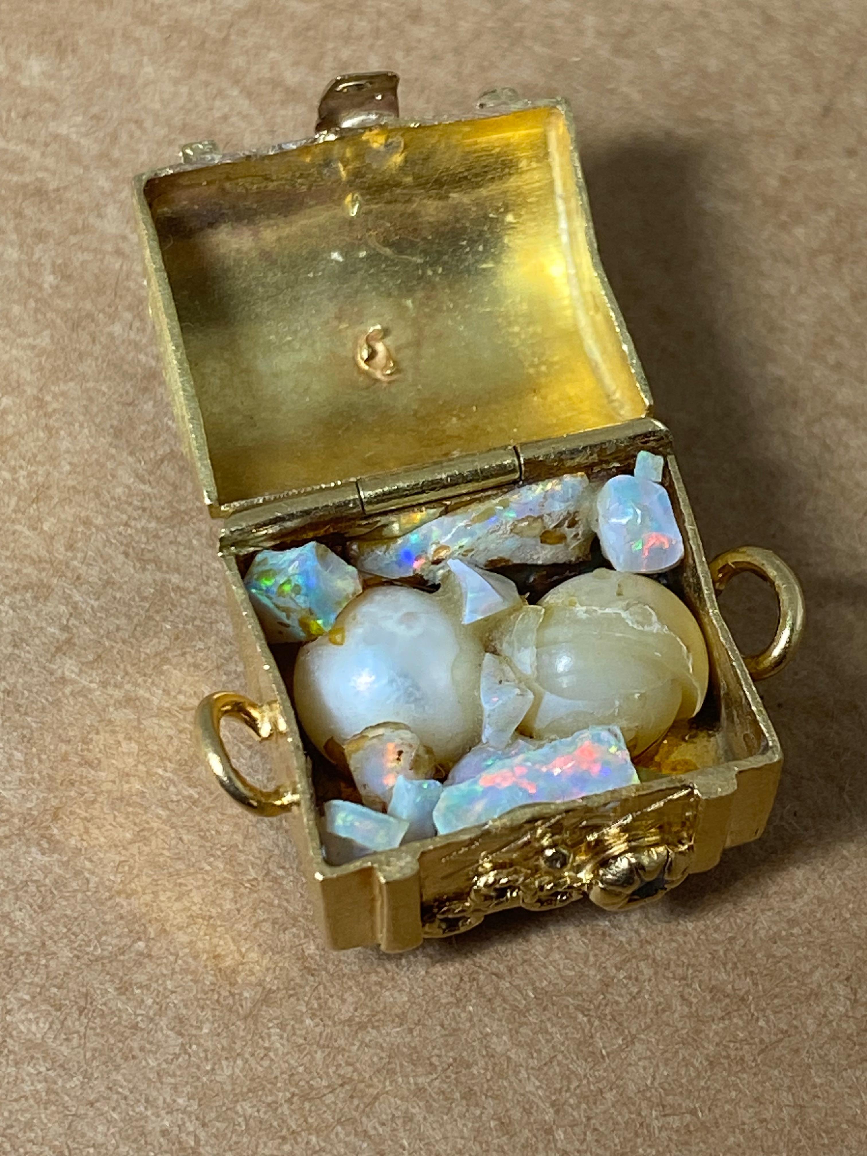 Round Cut Vintage 18K Yellow Gold Treasure Chest Italian Charm with Pearls & Opals