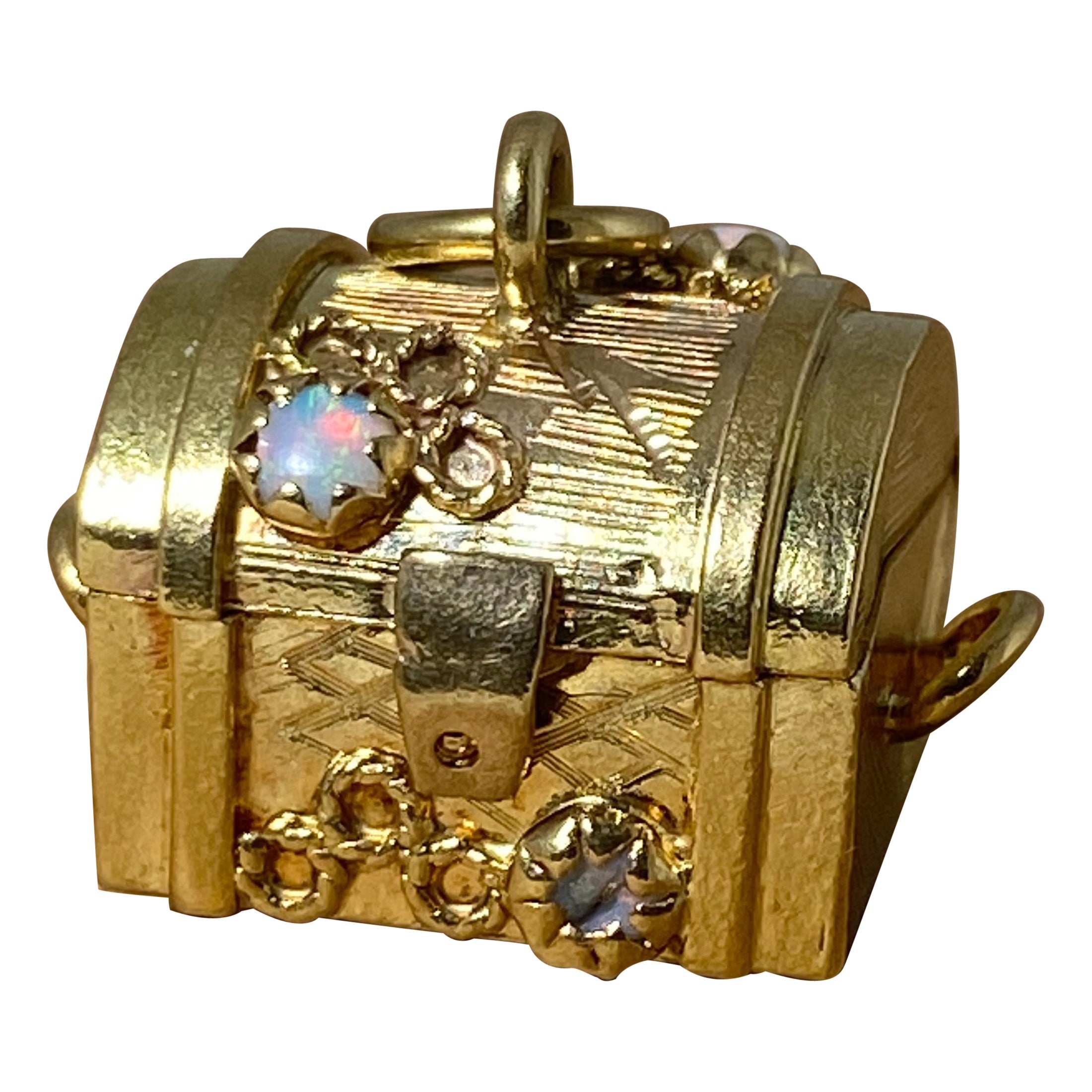 Vintage 18K Yellow Gold Treasure Chest Italian Charm with Pearls & Opals