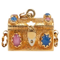 Antique 18K Yellow Gold Treasure Chest With Multicolored Charm Gems Pendant