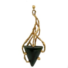 Vintage 18k Yellow Gold Triangular Nephrite Jade Large Freeform Textured Pendant