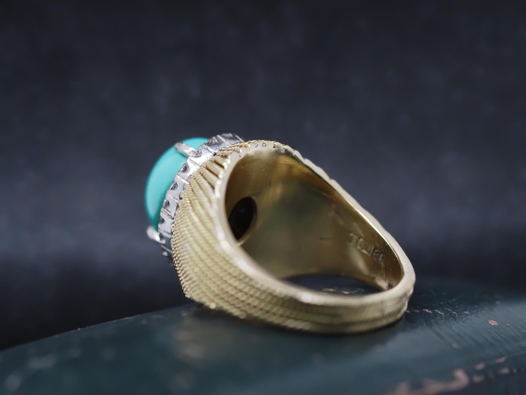 Vintage 18K Yellow Gold Turquoise and Diamond Ring For Sale 6