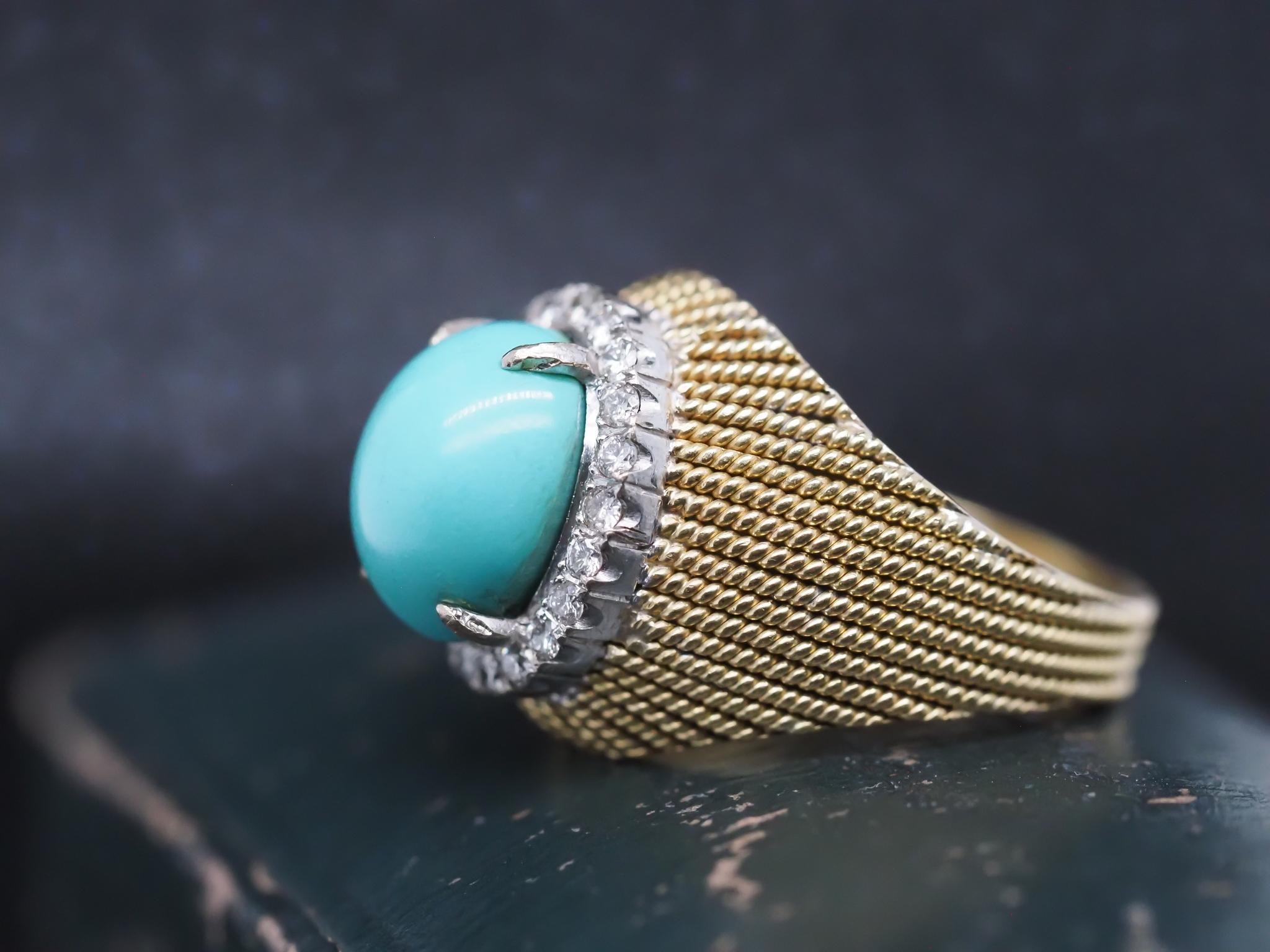 Women's Vintage 18K Yellow Gold Turquoise and Diamond Ring For Sale