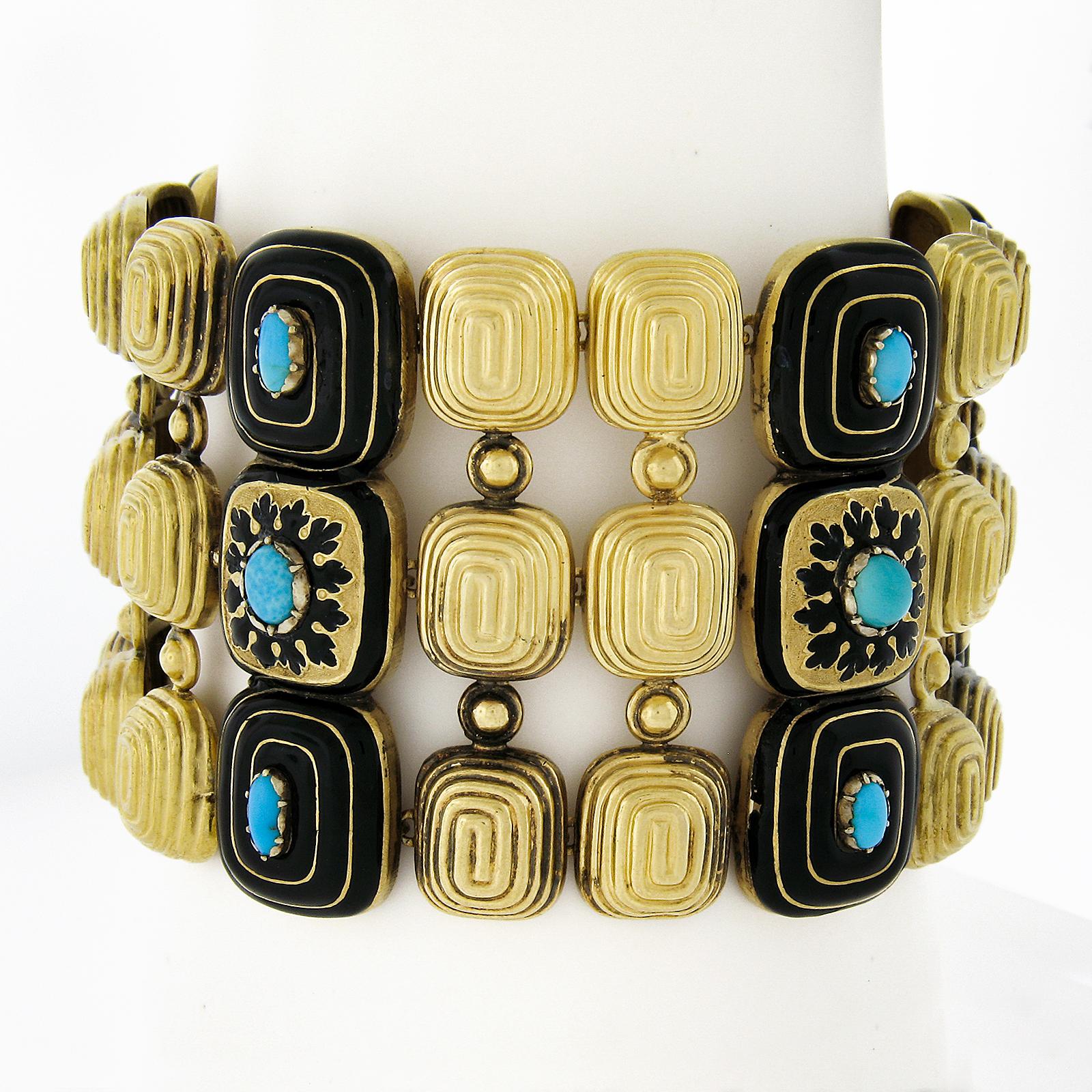 --Stone(s):--
(15) Natural Genuine Turquoise - Oval Cabochon Cut - Bezel Set - Blue w/ Natural Variation in Color

Material: Solid 18k Yellow Gold
Weight: 68.14 Grams
Type: Wide 3 Row Strap Bracelet
Length: Comfortably Fits Up to a 7.5 Inch Wrist