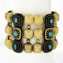 Vintage 18k Yellow Gold Turquoise & Black Enamel Work 1.9mm Wide 3 Row Bracelet