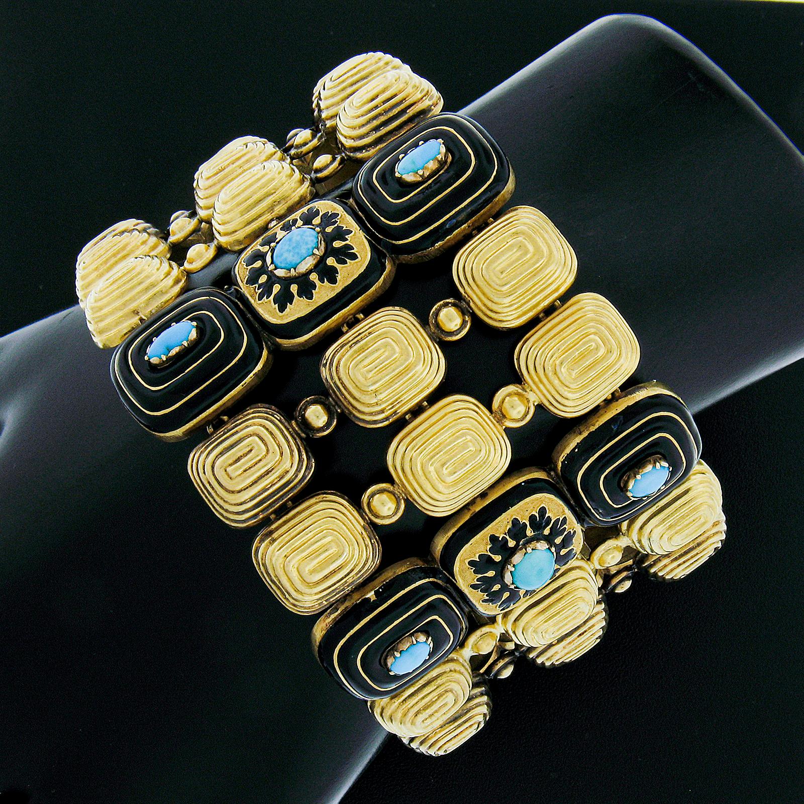 Cabochon Vintage 18k Yellow Gold Turquoise & Black Enamel Work 1.9mm Wide 3 Row Bracelet For Sale