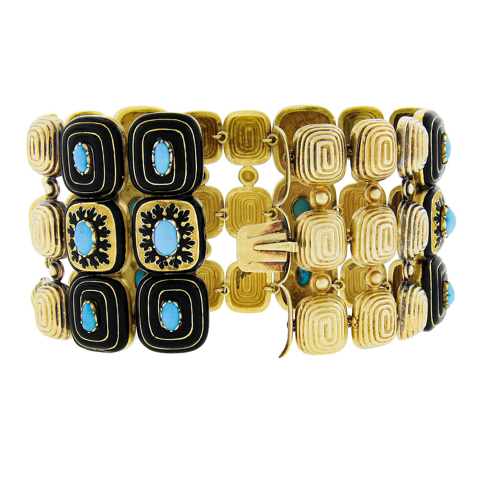 Vintage 18k Yellow Gold Turquoise & Black Enamel Work 1.9mm Wide 3 Row Bracelet In Excellent Condition For Sale In Montclair, NJ