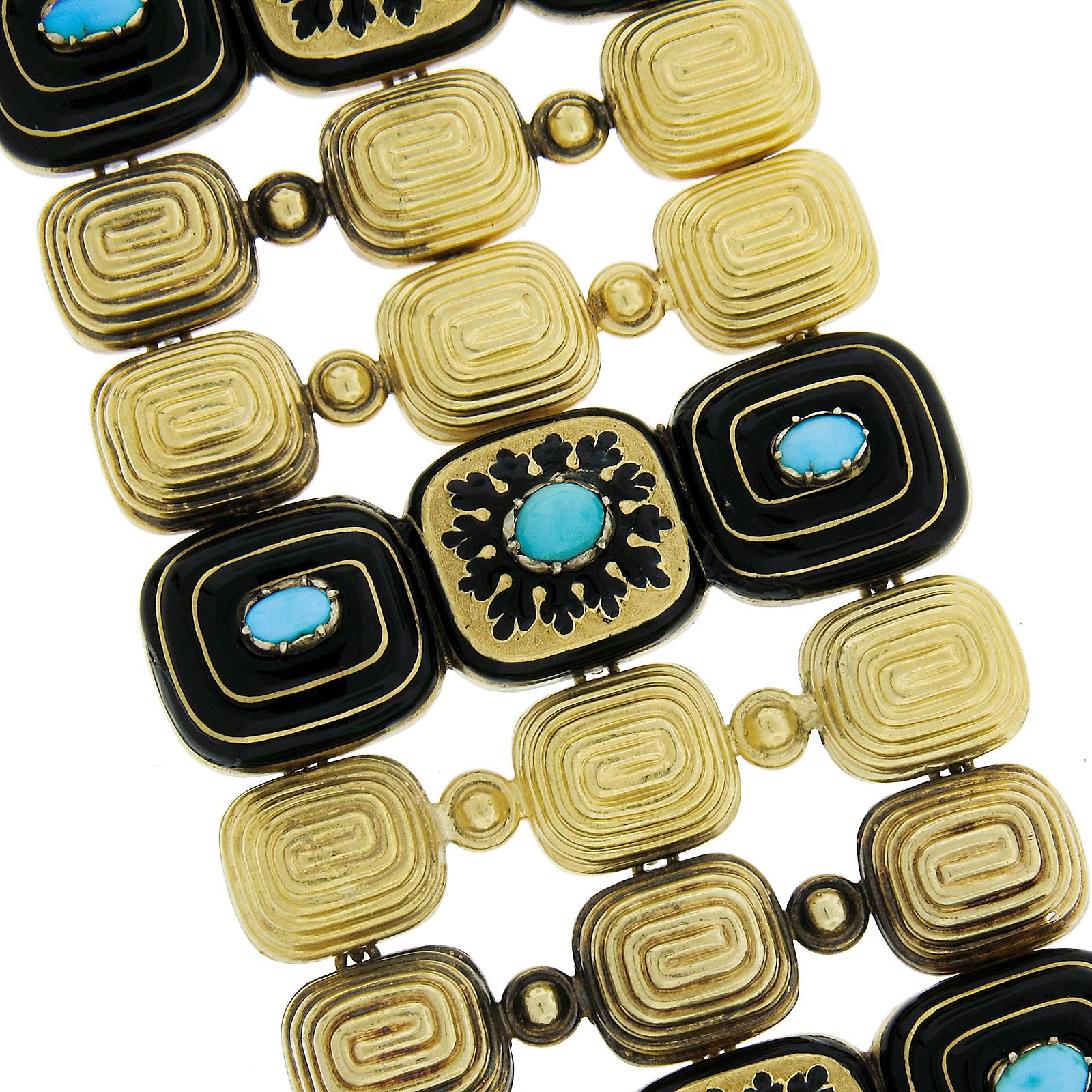 Vintage 18k Yellow Gold Turquoise & Black Enamel Work 1.9mm Wide 3 Row Bracelet For Sale 1