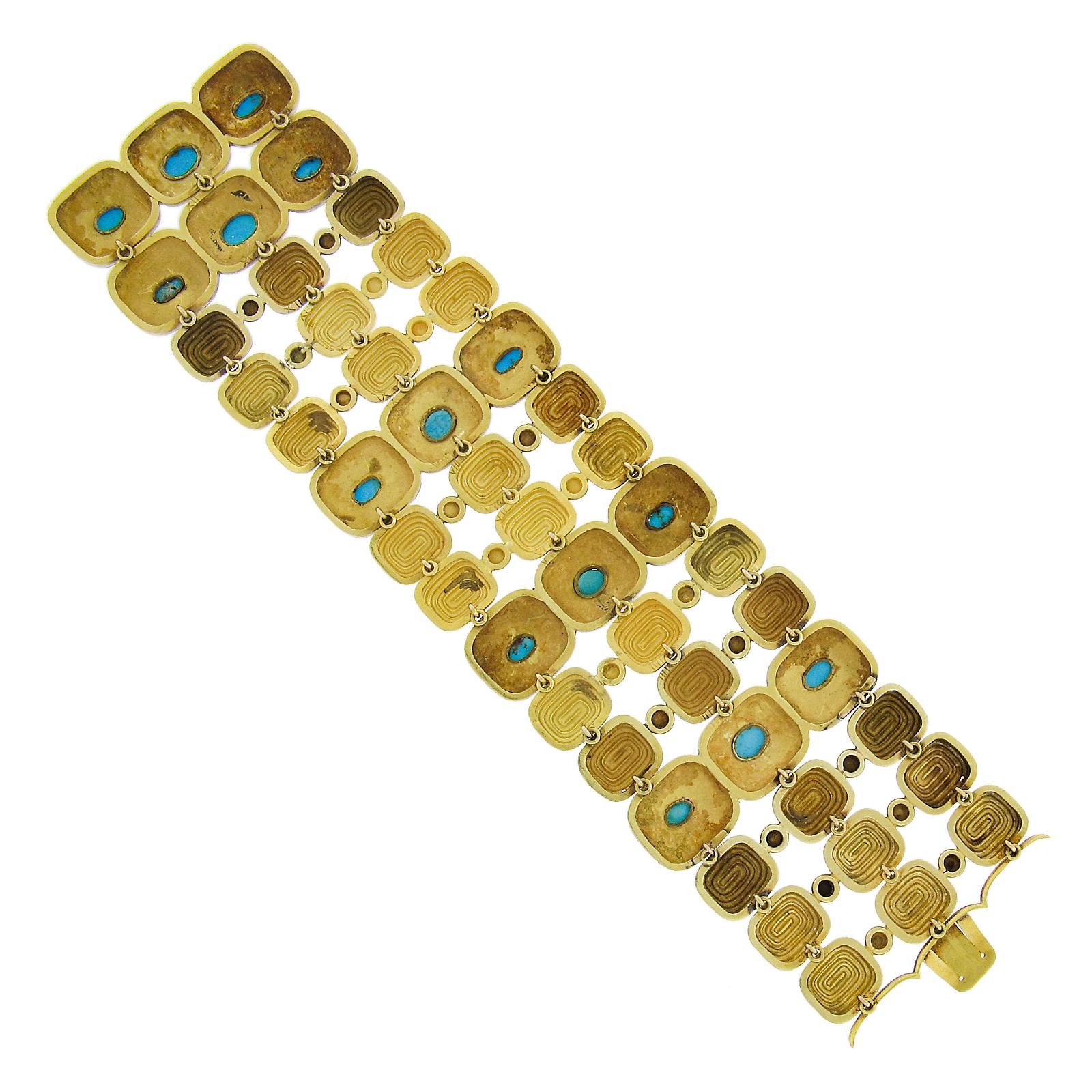 Vintage 18k Yellow Gold Turquoise & Black Enamel Work 1.9mm Wide 3 Row Bracelet For Sale 2