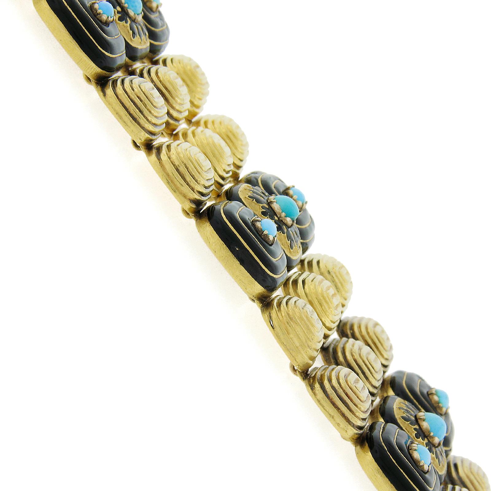 Vintage 18k Yellow Gold Turquoise & Black Enamel Work 1.9mm Wide 3 Row Bracelet For Sale 3