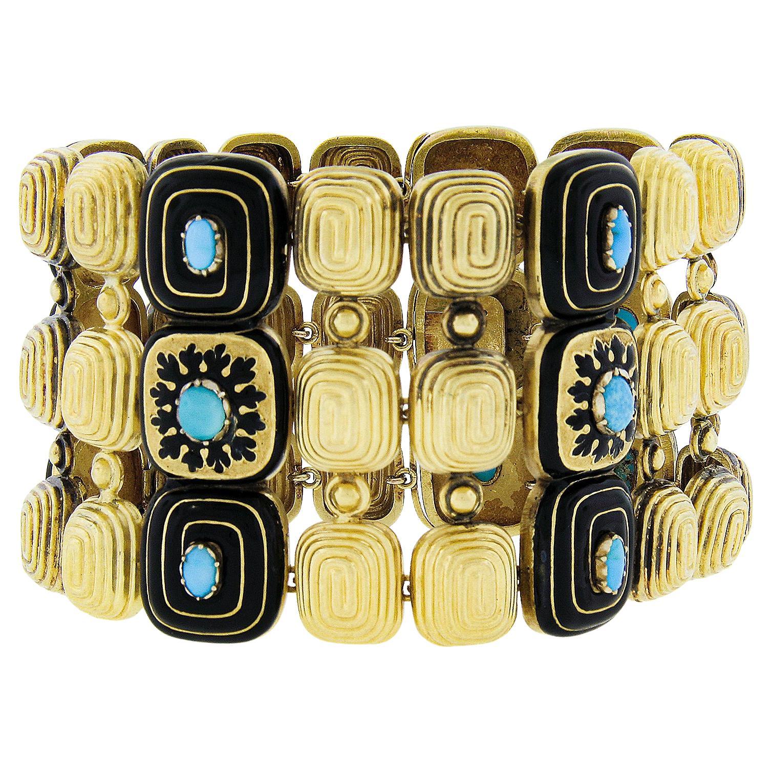 Vintage 18k Yellow Gold Turquoise & Black Enamel Work 1.9mm Wide 3 Row Bracelet