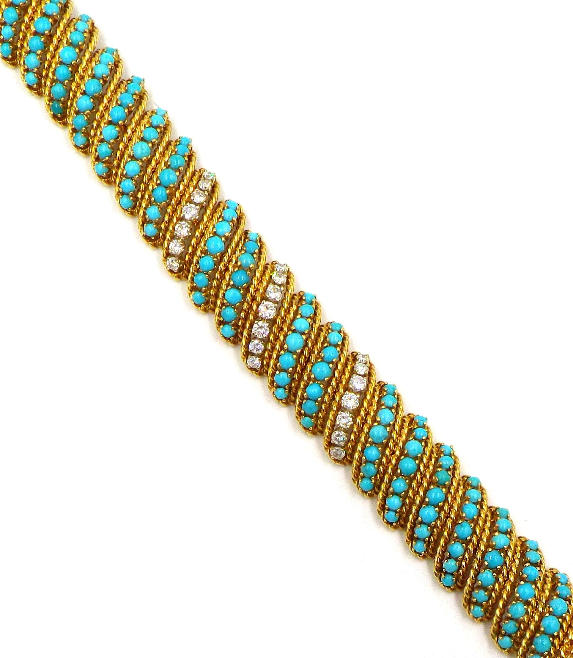 Composed of a series of scrolled turquoise cabochon links, with three rows set with round brilliant-cut diamonds, each within a twisted gold frame; mounted in 18k gold; estimated total diamond weight: 1.75 carats; length 6 3/4 in.