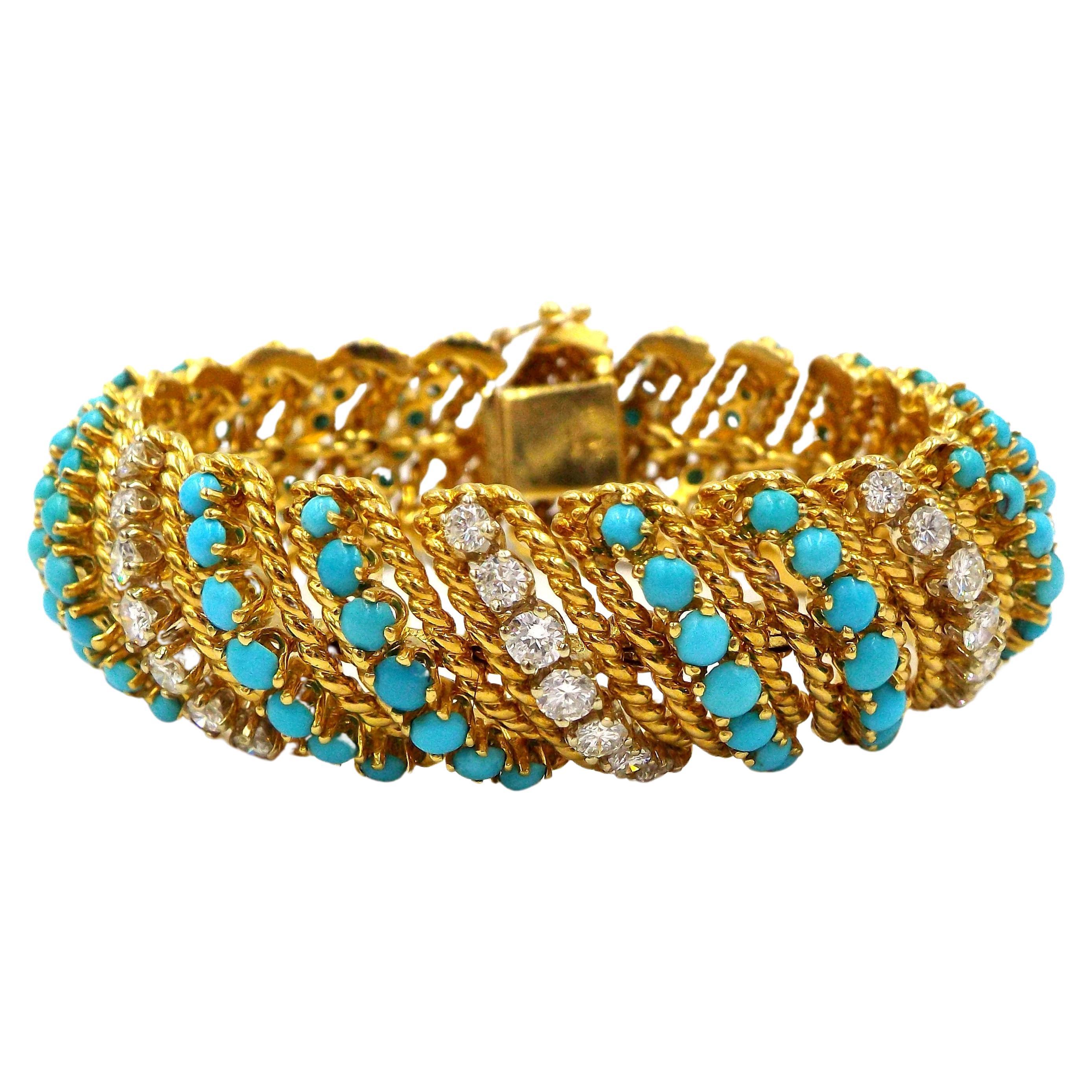 Vintage 18K Yellow Gold Turquoise Diamond Bracelet