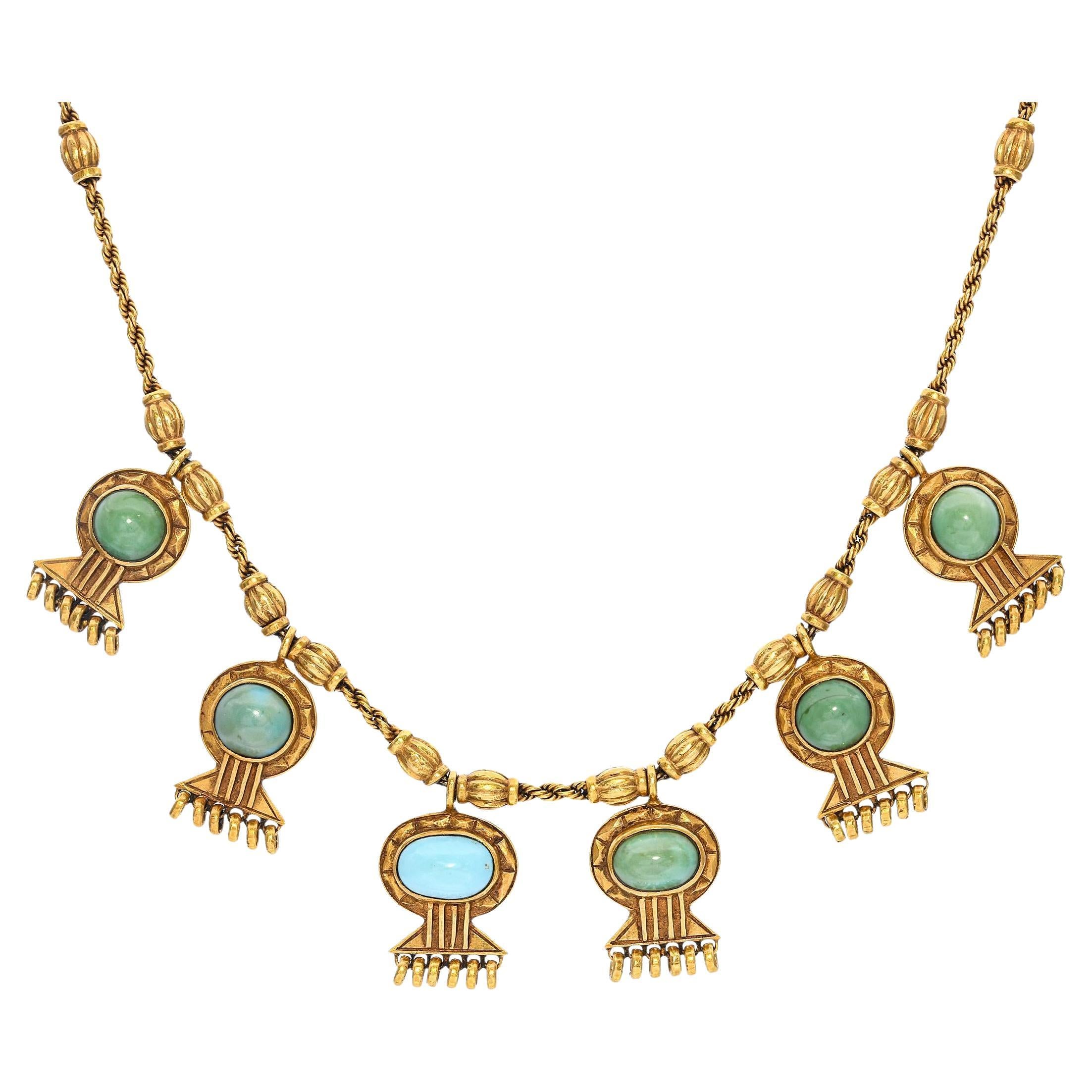 Vintage 18k Yellow Gold Turquoise Egyptian Revival Necklace im Angebot