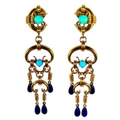 Vintage 18K Yellow Gold, Turquoise, & Lapis Dangle Earrings, Over 3 inches Long
