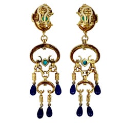 Vintage 18K Yellow Gold, Turquoise, & Lapis Dangle Earrings, Over 3 inches Long