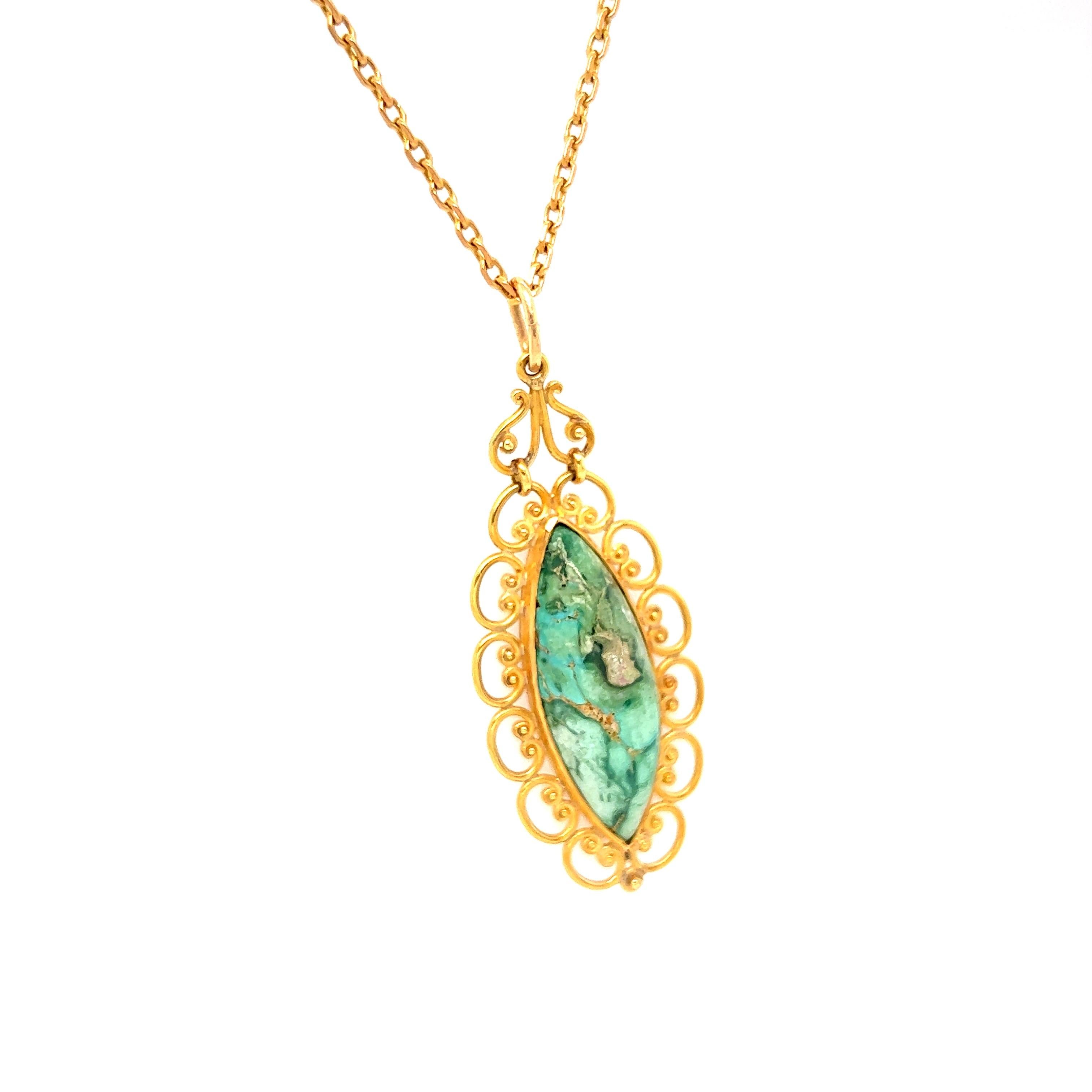 LOVE LOVE LOVE. I just love this Gorgeous Vintage Filigree Turquoise Pendant and Long Chain. Crafted in 18K Yellow Gold, the design is a simple, bezel set, large, piece of Natural Turquoise, surrounded by an intricate hand wrought gold frame! The