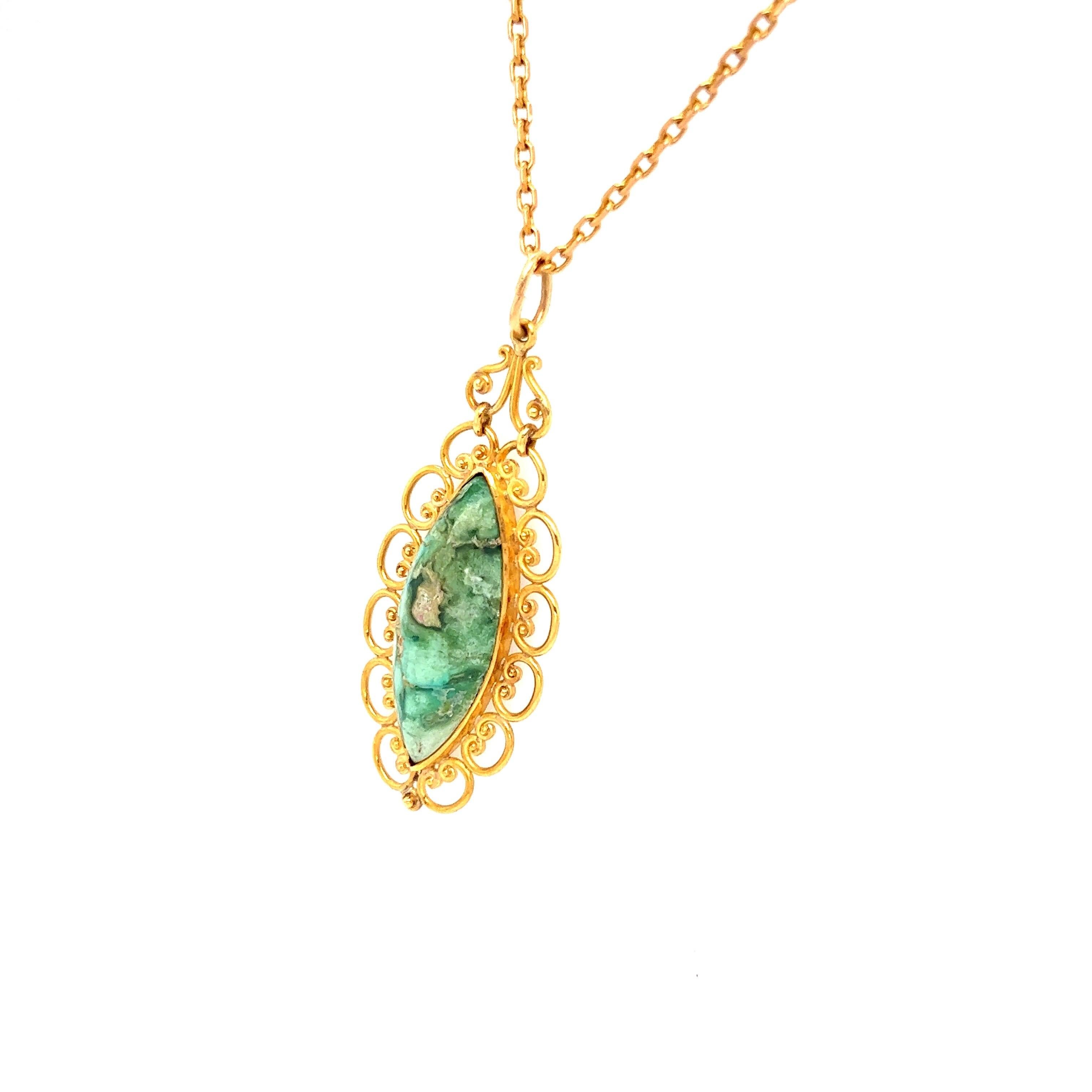 Art Nouveau Vintage 18K Yellow Gold Turquoise Pendant and Long Chain For Sale