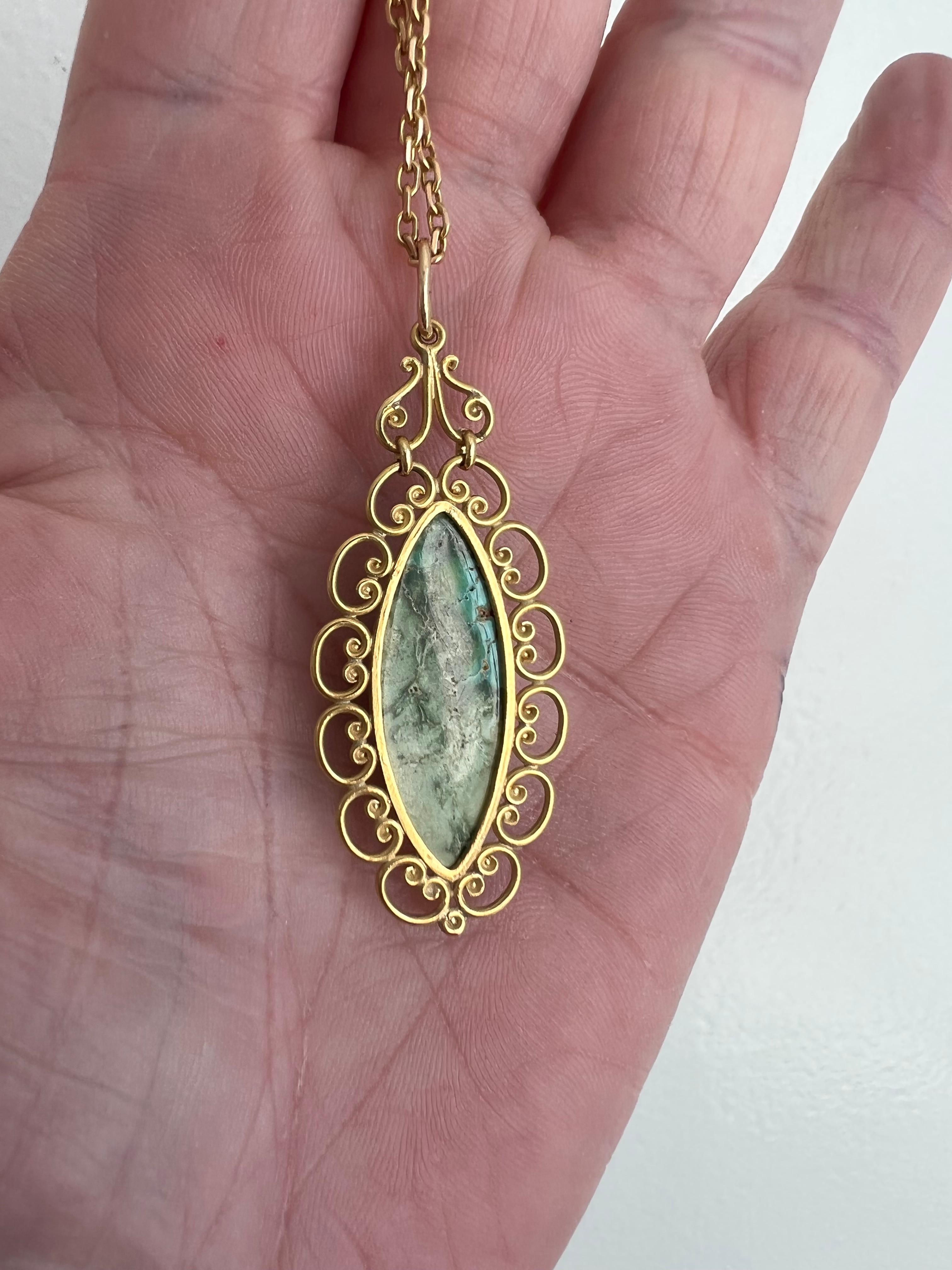 Vintage 18K Yellow Gold Turquoise Pendant and Long Chain In Good Condition For Sale In San Francisco, CA
