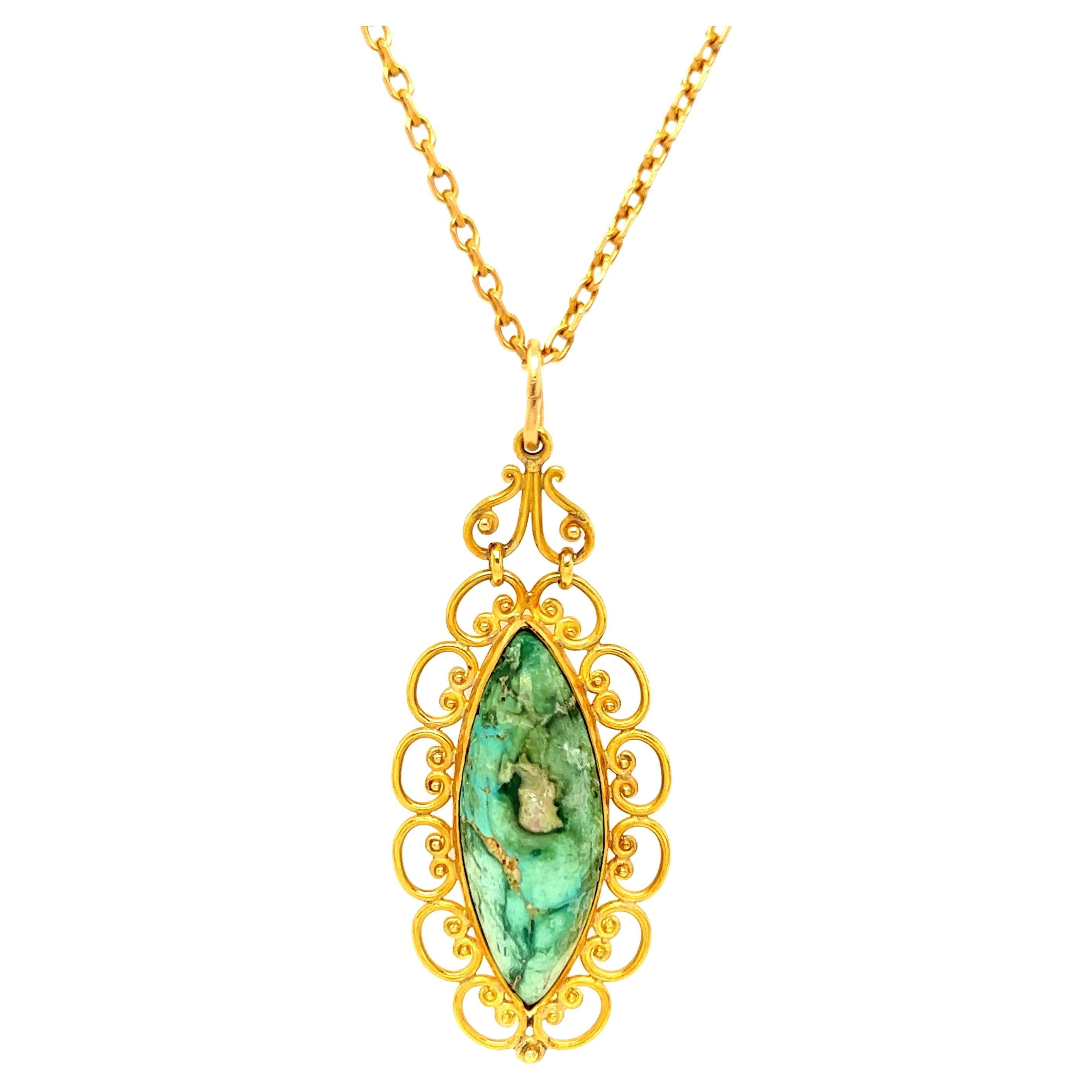 Vintage 18K Yellow Gold Turquoise Pendant and Long Chain For Sale